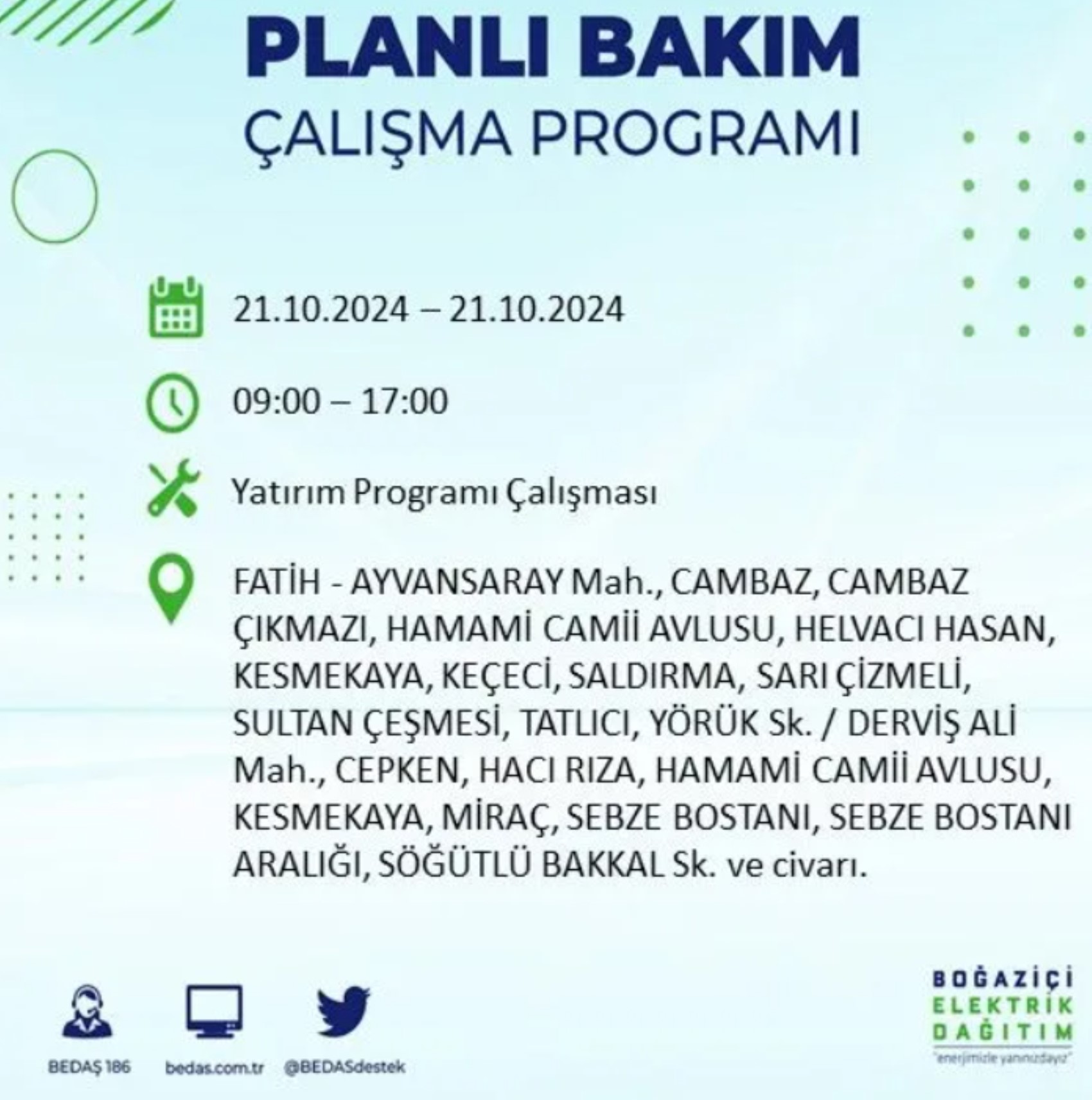 İstanbul'da elektrik kesintisi: 21 Ekim'de hangi mahalleler etkilenecek?