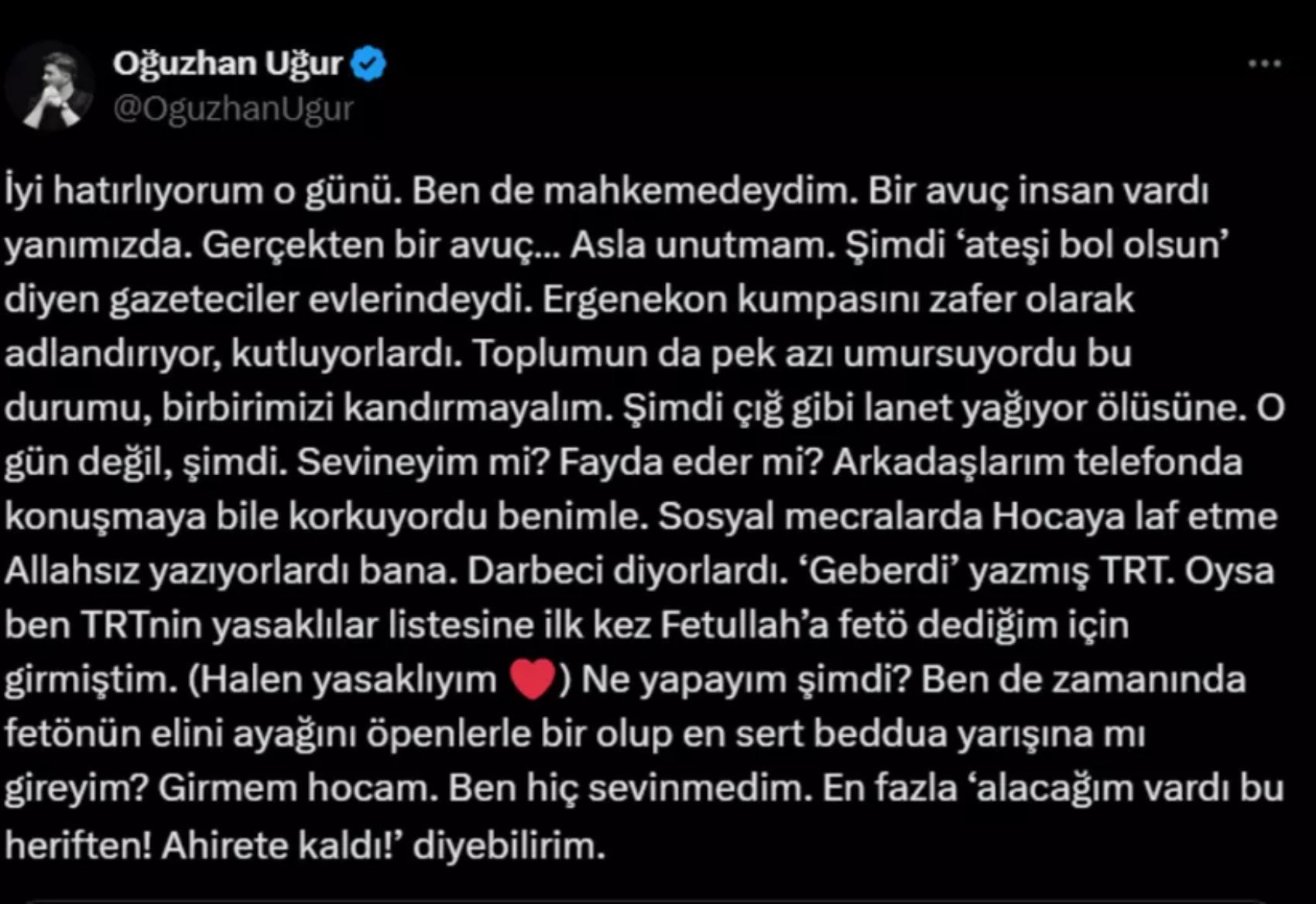 Babası Ergenekon davasında tutuklanmıştı! Oğuzhan Uğur'dan 'Fethullah Gülen' paylaşımı