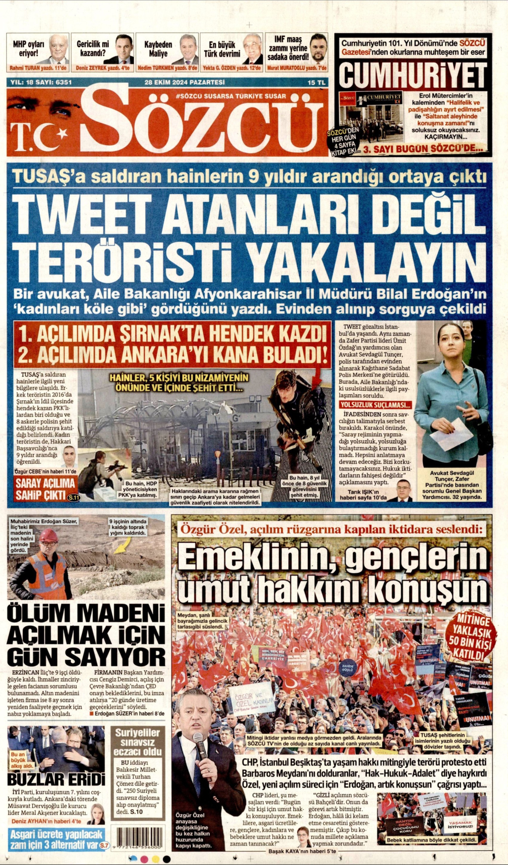 Gazetelerin birinci sayfa ve manşetleri (28 Ekim 2024)