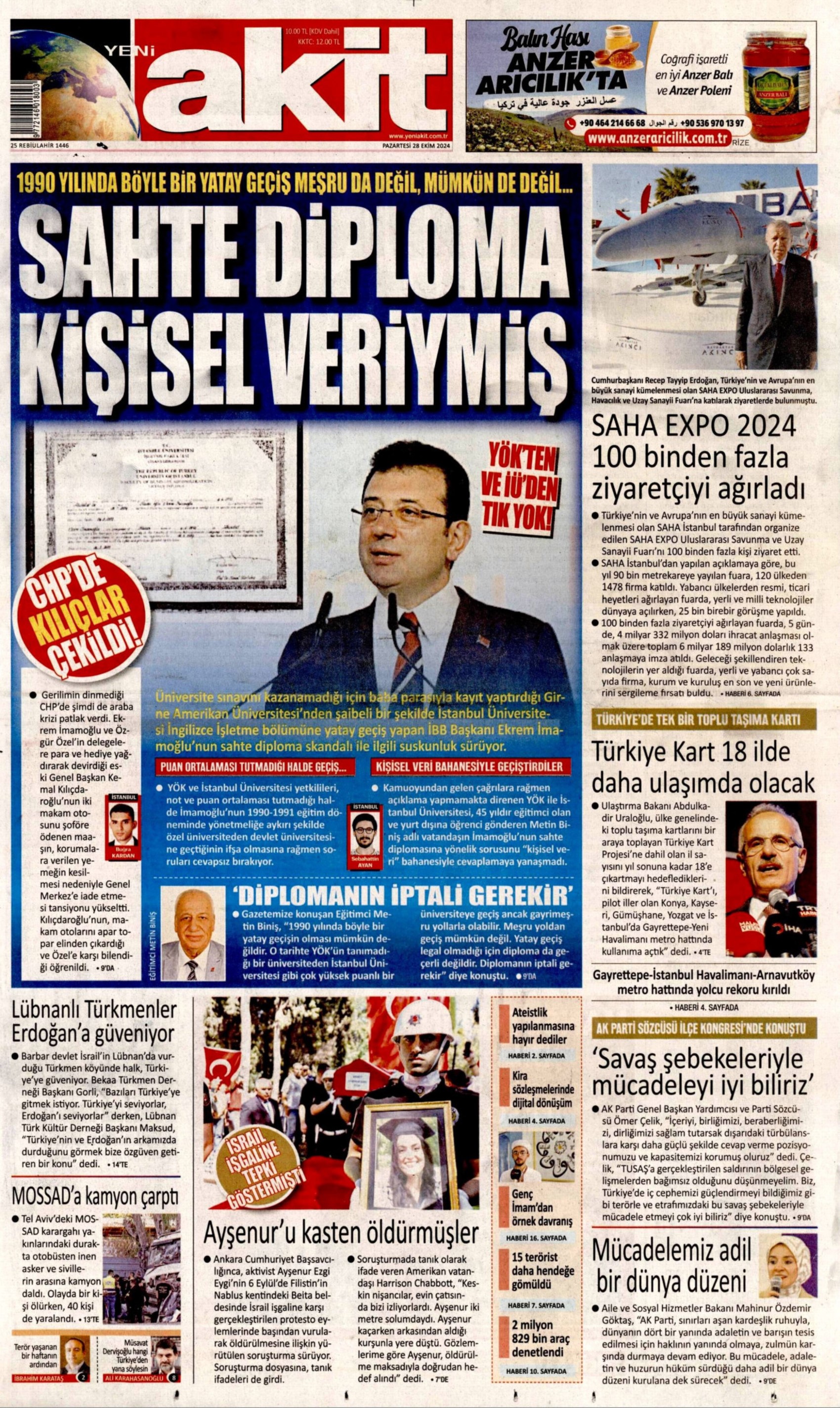Gazetelerin birinci sayfa ve manşetleri (28 Ekim 2024)