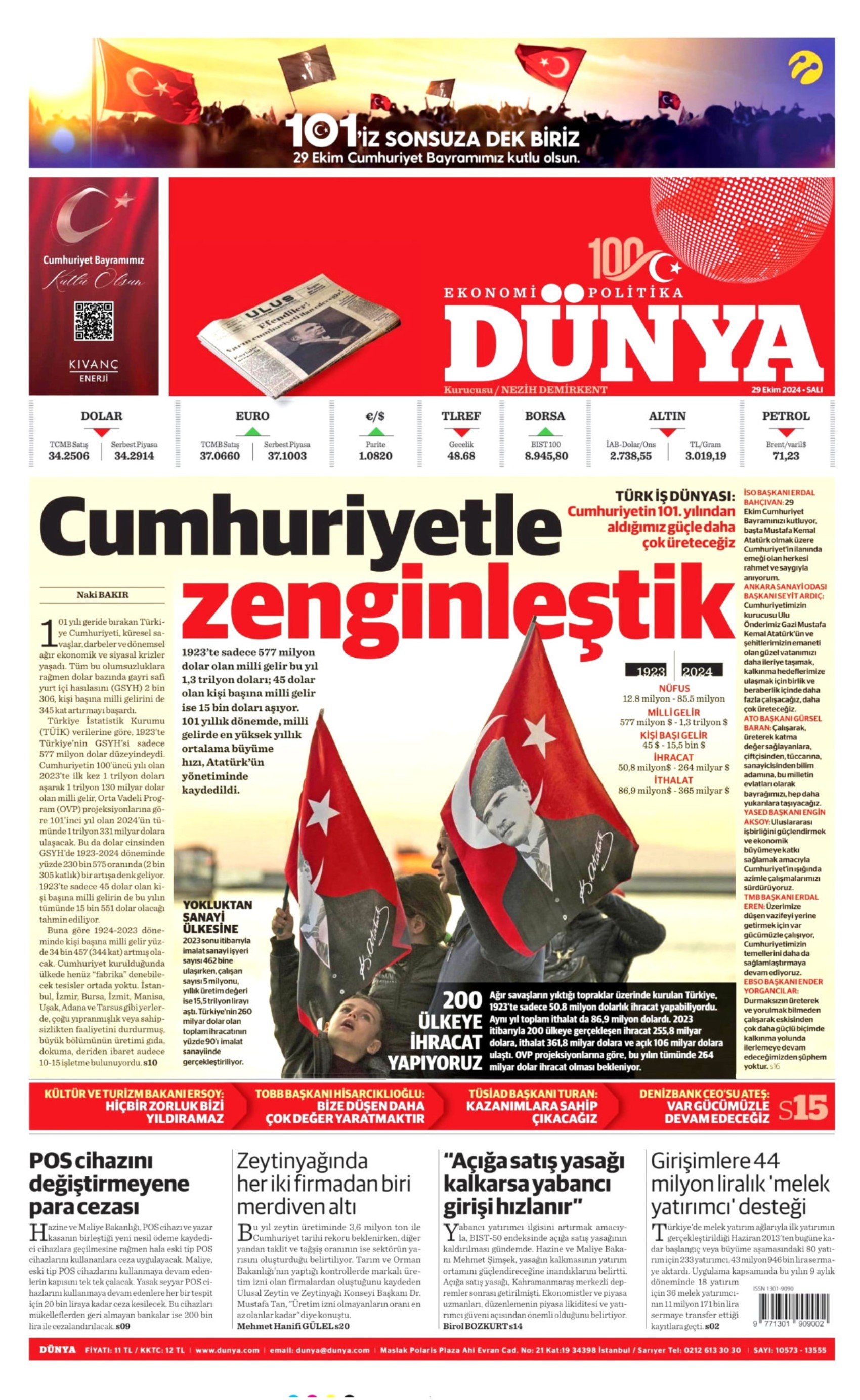 Gazetelerin Cumhuriyet Bayramı manşetleri (29 Ekim 2024)