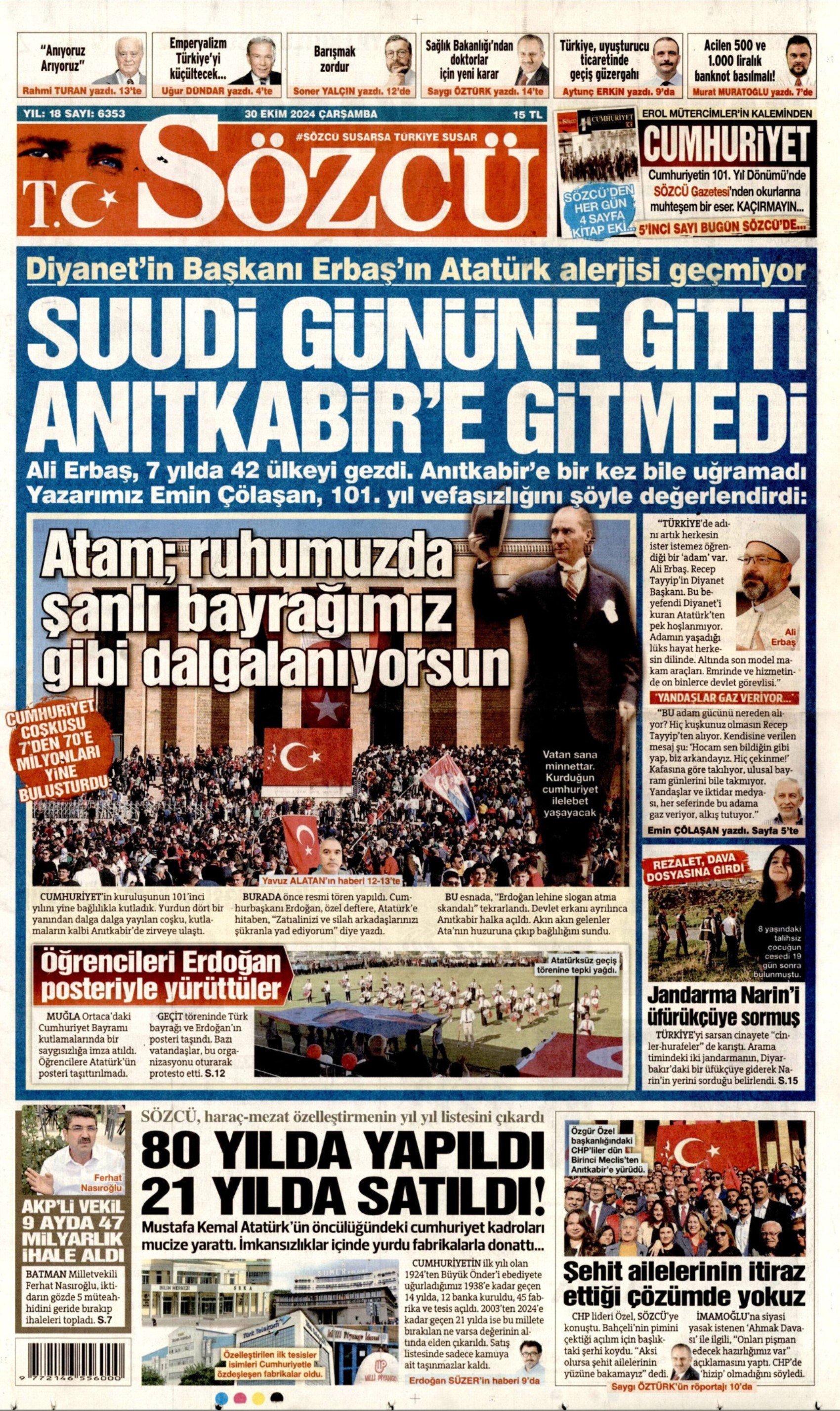 30 Ekim 2024 gazeteler hangi manşetleri attı? Cumhuriyet Bayramı'nın ardından gazeteler neyi yazdı, neyi yazamadı?