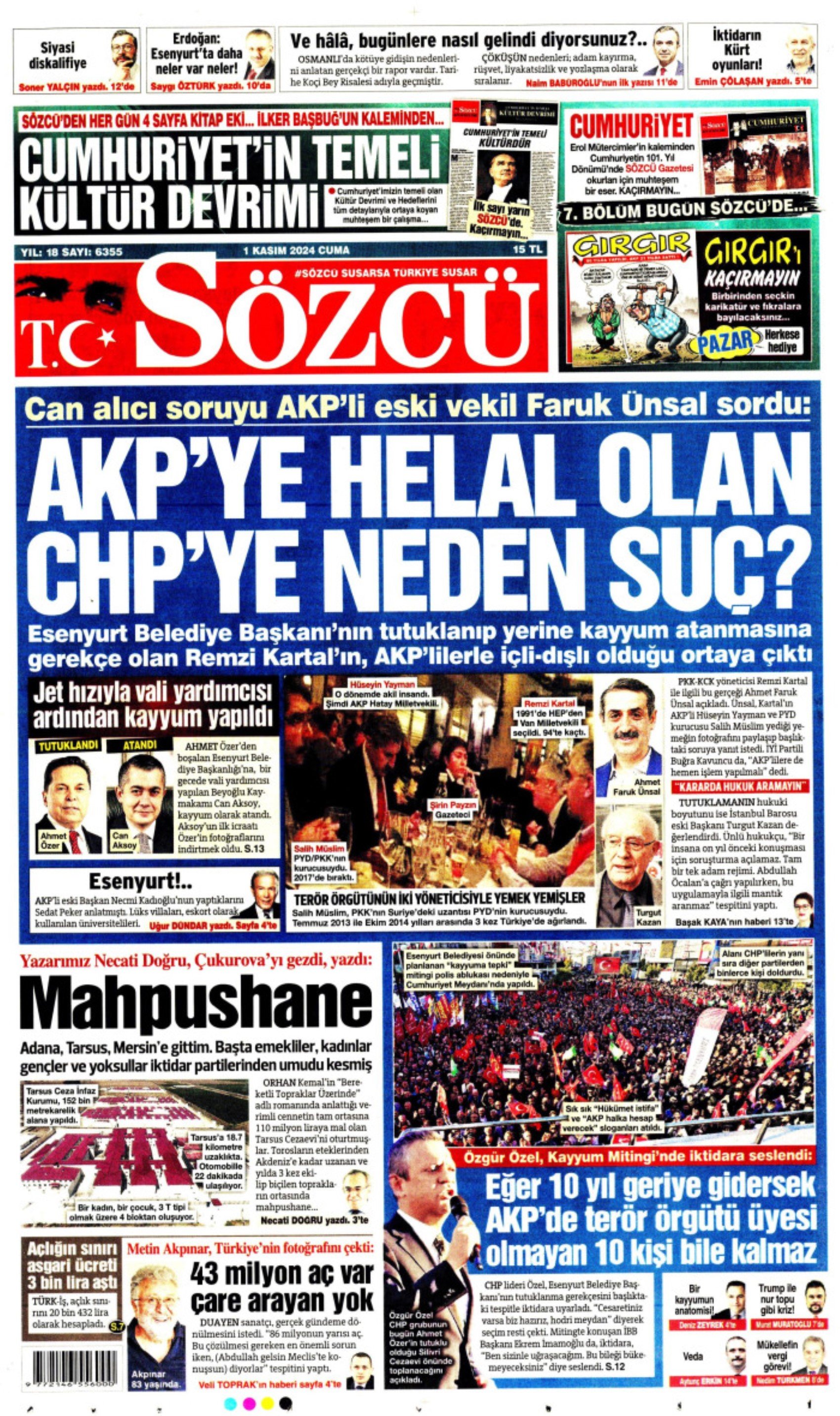 Gazeteler, Esenyurt Belediyesi'ne atanan kayyumu nasıl gördü? 'AKP'ye helal olan CHP'ye neden suç?' (1 Kasım 2024 gazete manşetleri)