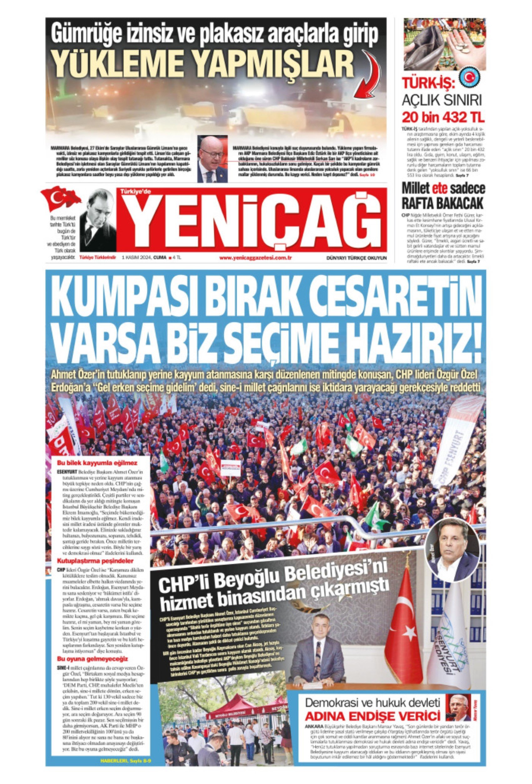 Gazeteler, Esenyurt Belediyesi'ne atanan kayyumu nasıl gördü? 'AKP'ye helal olan CHP'ye neden suç?' (1 Kasım 2024 gazete manşetleri)