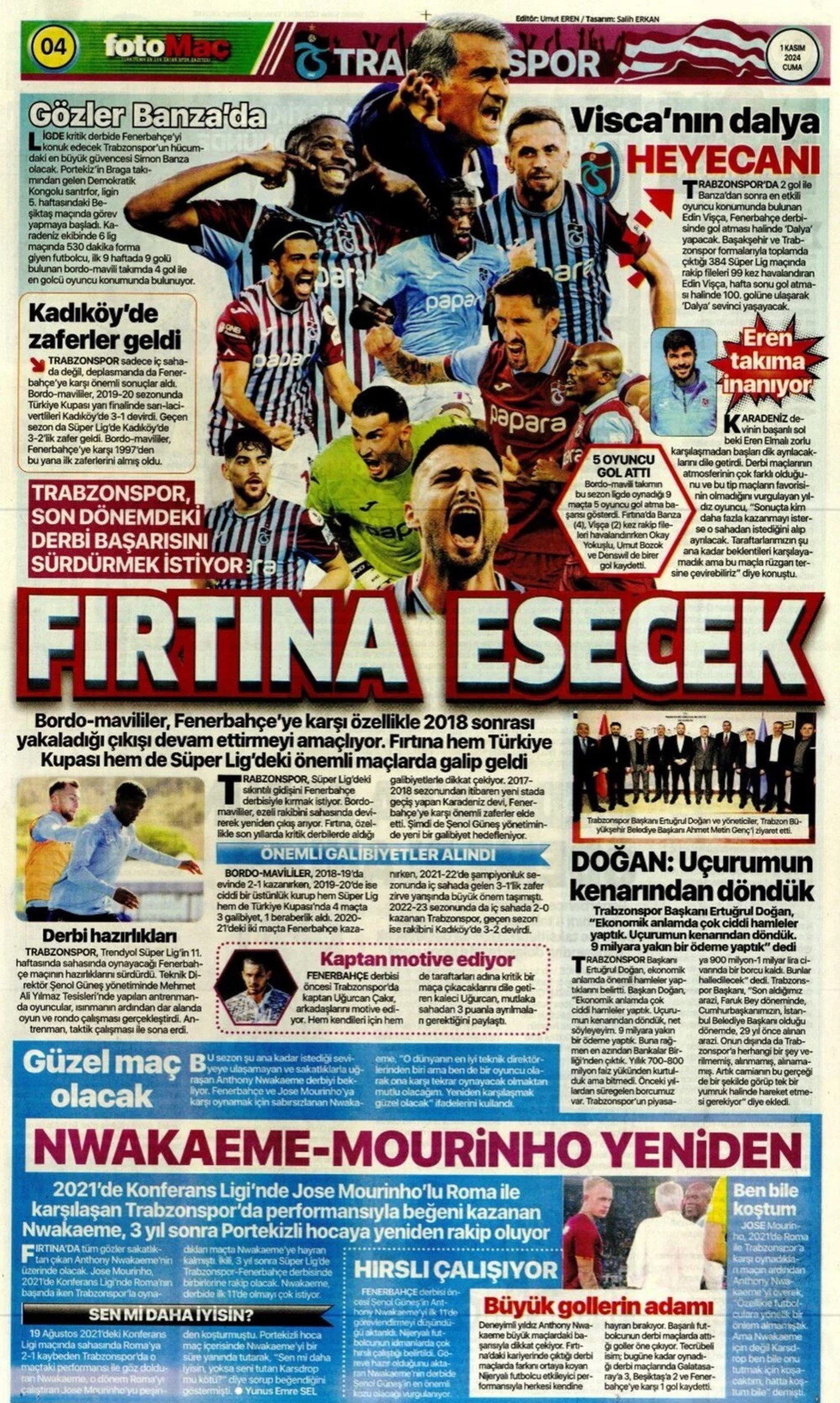 1 Kasım Cuma günü spor manşetlerinde ne var?