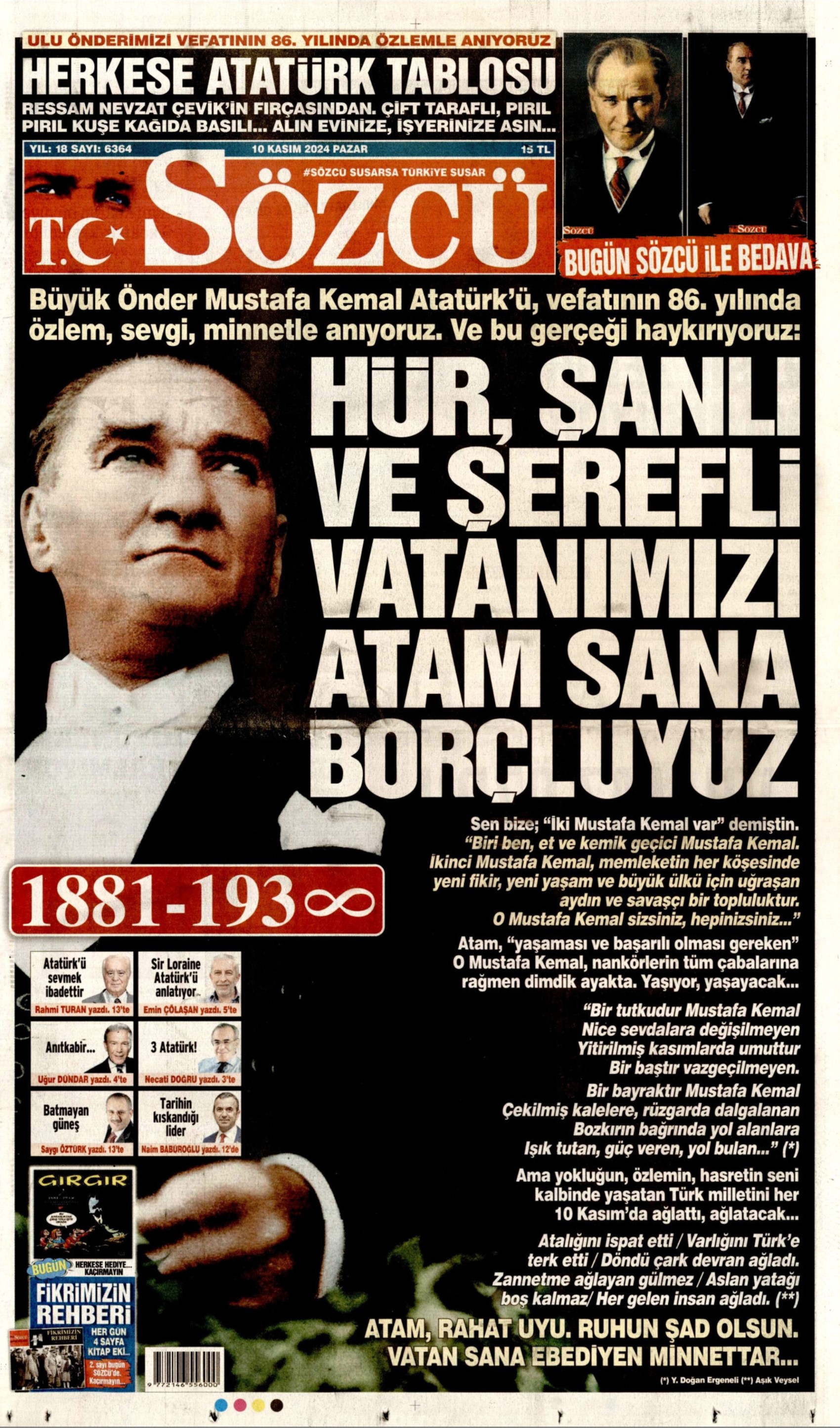 Gazeteler Ulu Önder Mustafa Kemal Atatürk'ü nasıl andı? (10 Kasım 2024 gazete manşetleri)