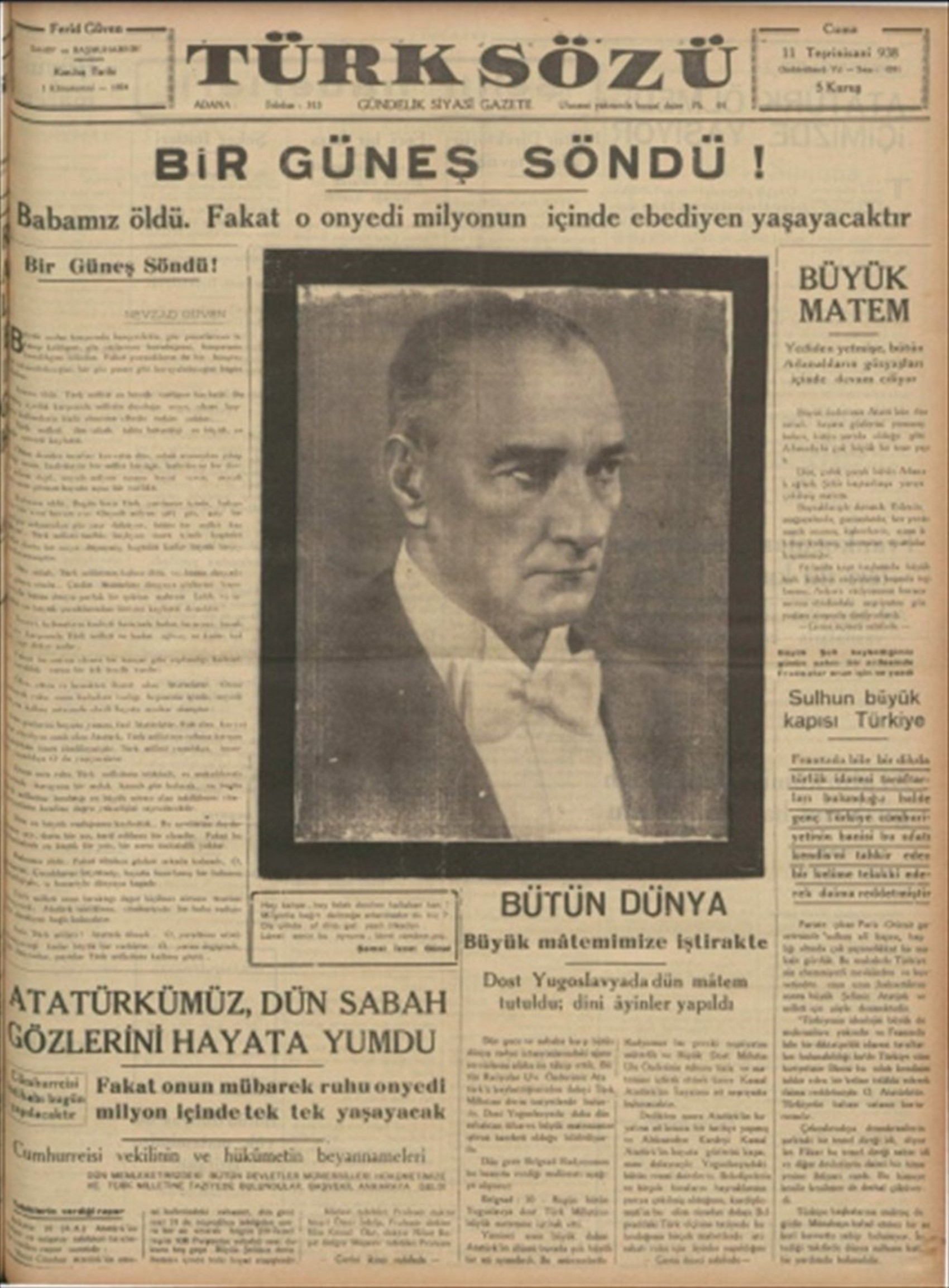 10 Kasım 1938 gazete manşetleri: Sen ölmezsin Atatürk!