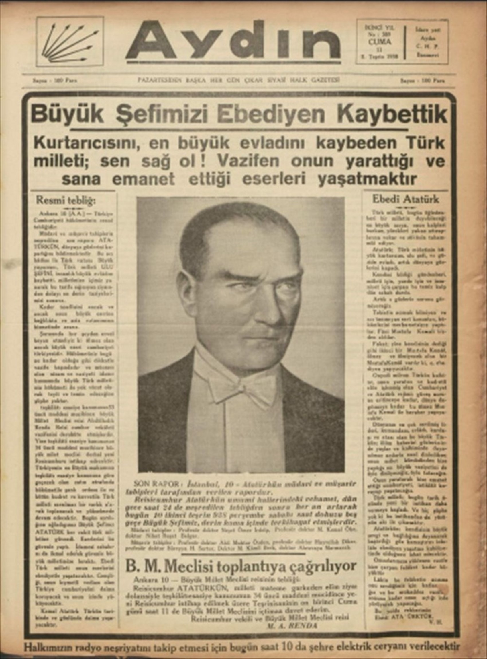 10 Kasım 1938 gazete manşetleri: Sen ölmezsin Atatürk!