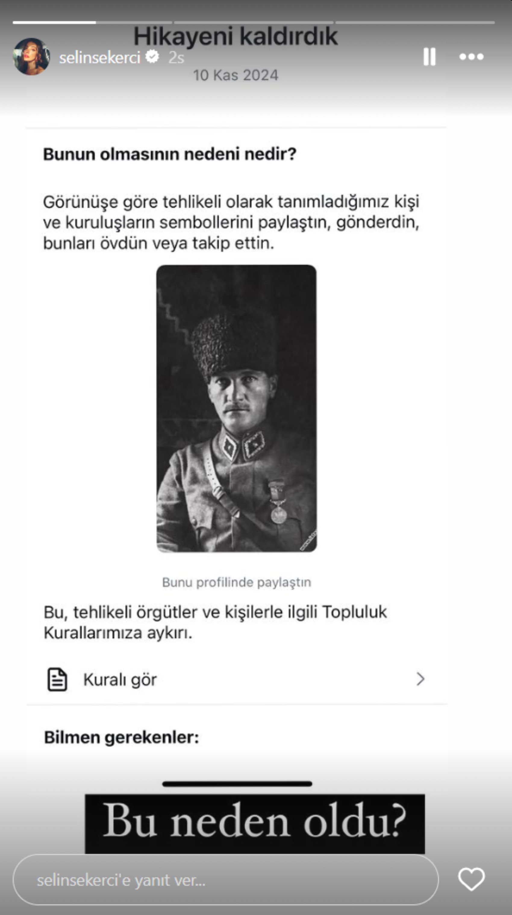 Oyuncu Selin Şekerci’nin Atatürk story’sine Instagram engeli!