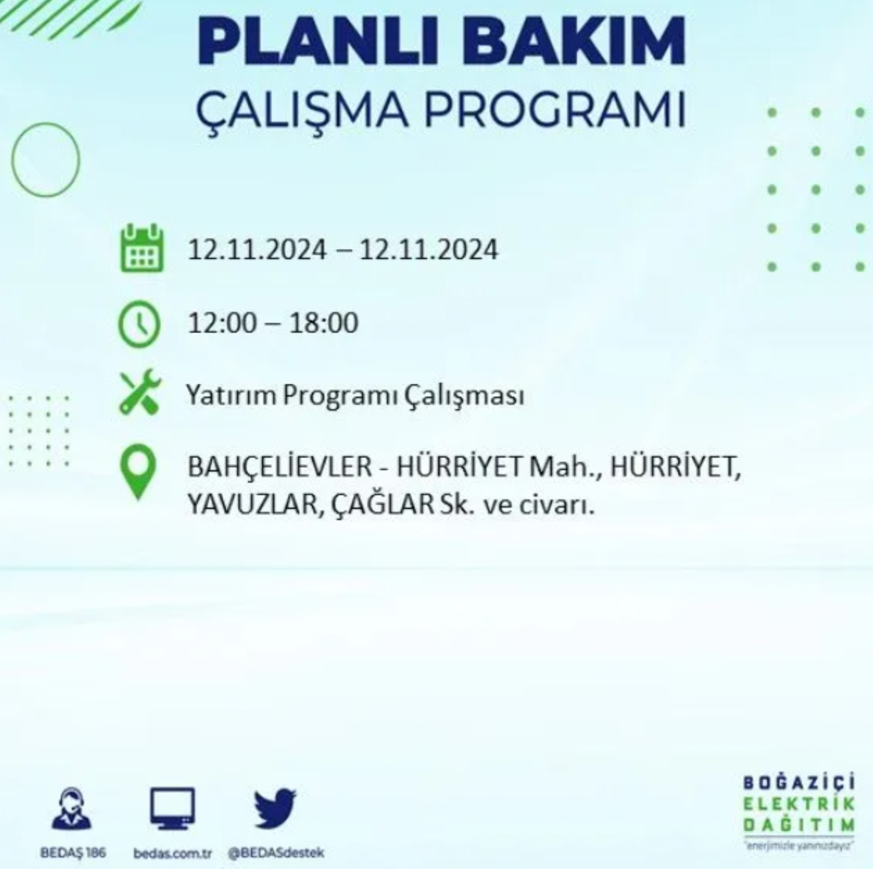 BEDAŞ paylaştı: İstanbul'da 12 Kasım Salı günü elektrik kesintisi yaşanacak ilçeler