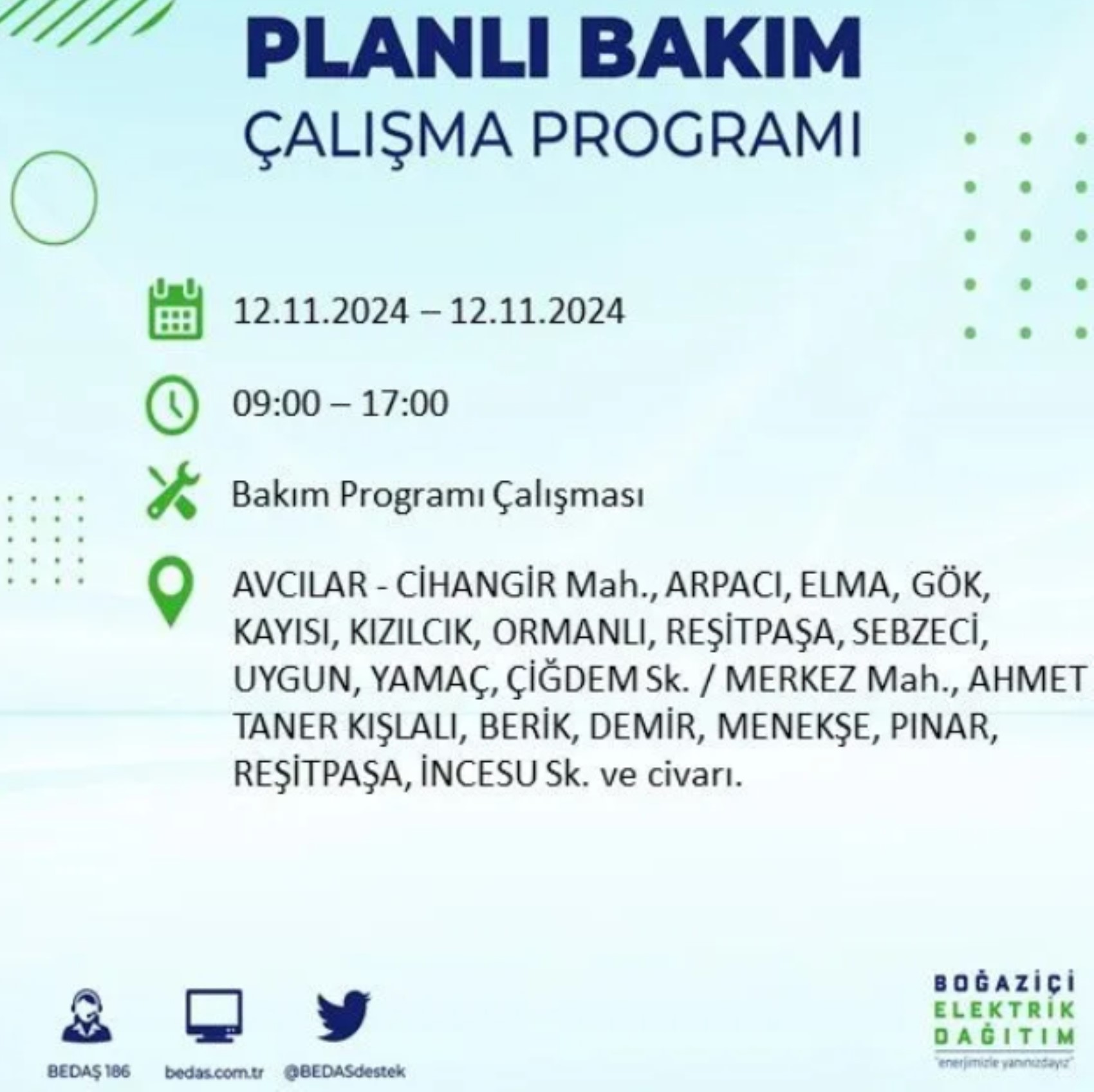 BEDAŞ paylaştı: İstanbul'da 12 Kasım Salı günü elektrik kesintisi yaşanacak ilçeler