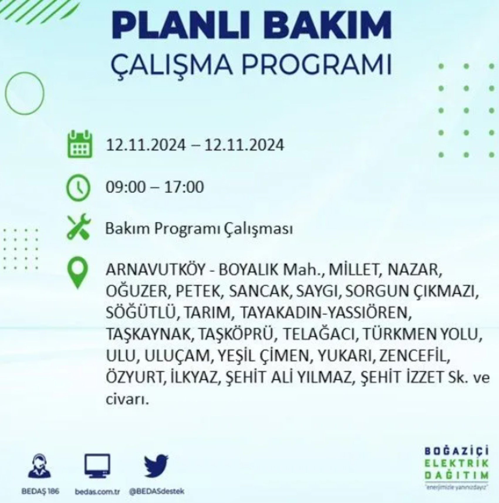 BEDAŞ paylaştı: İstanbul'da 12 Kasım Salı günü elektrik kesintisi yaşanacak ilçeler