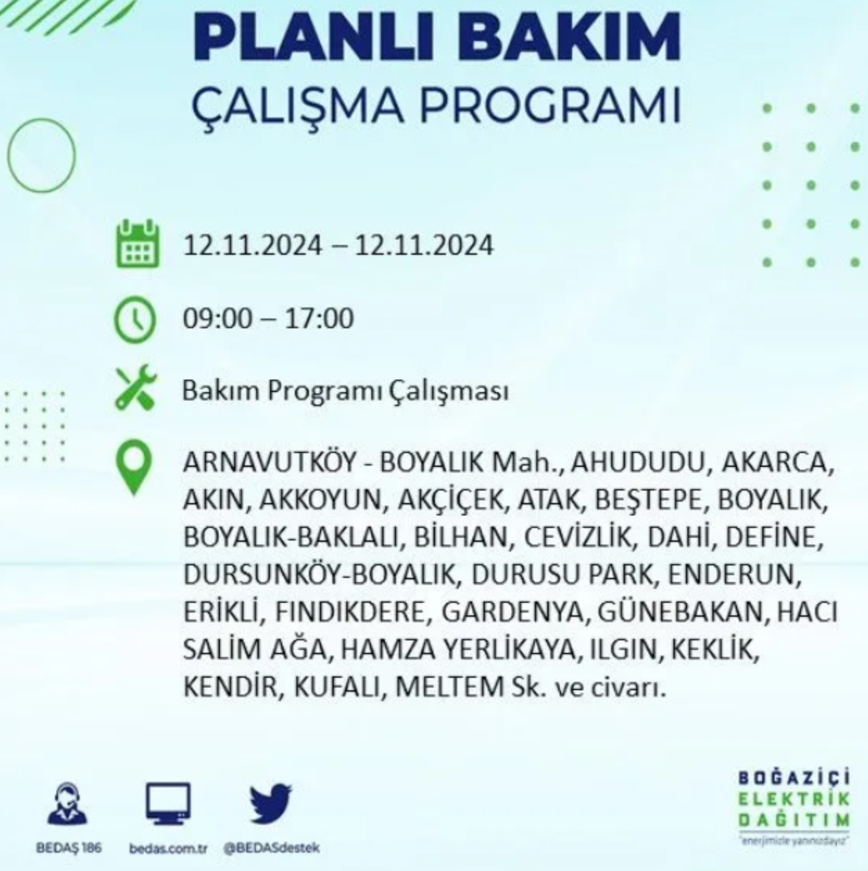 BEDAŞ paylaştı: İstanbul'da 12 Kasım Salı günü elektrik kesintisi yaşanacak ilçeler