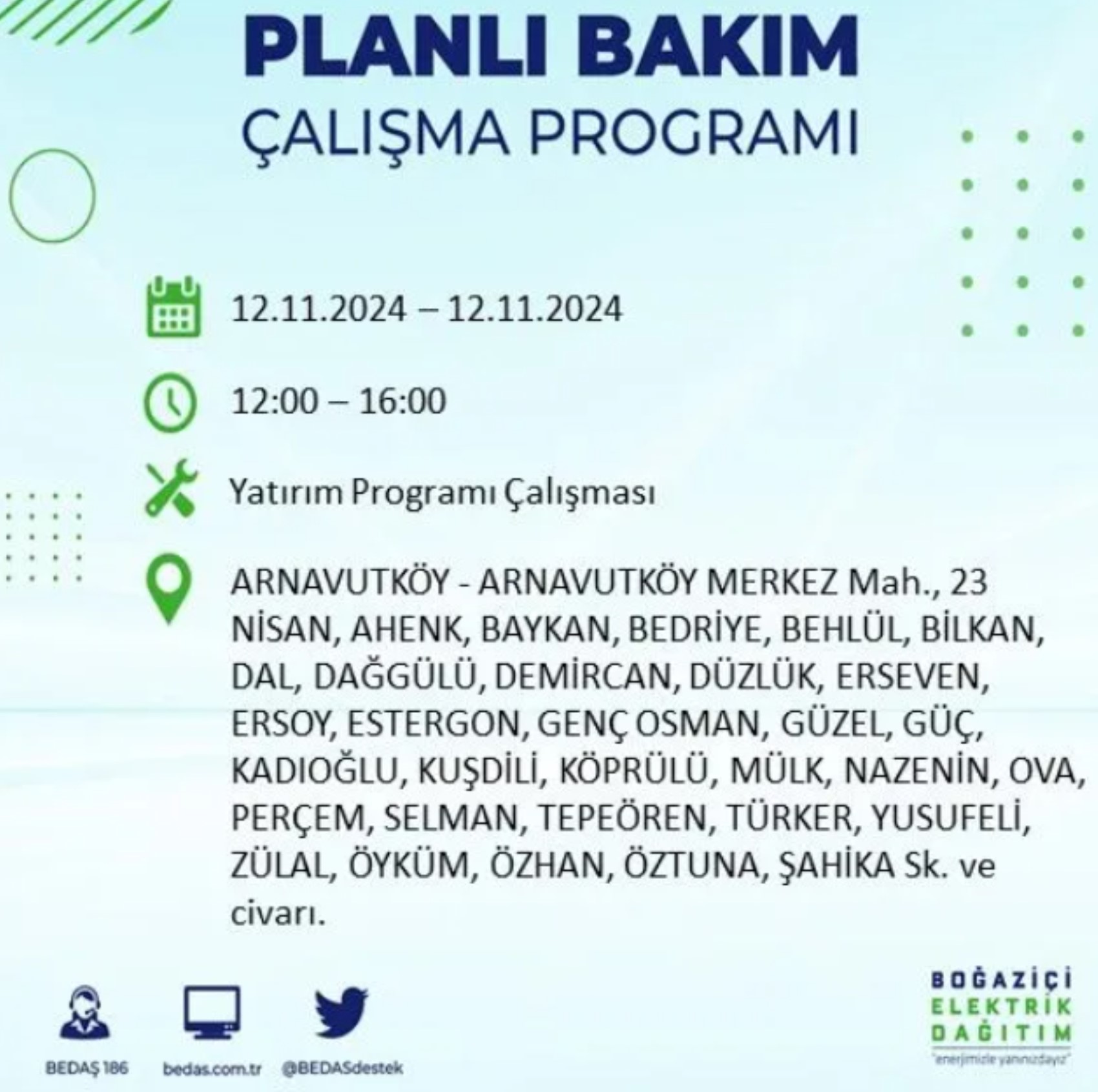 BEDAŞ paylaştı: İstanbul'da 12 Kasım Salı günü elektrik kesintisi yaşanacak ilçeler