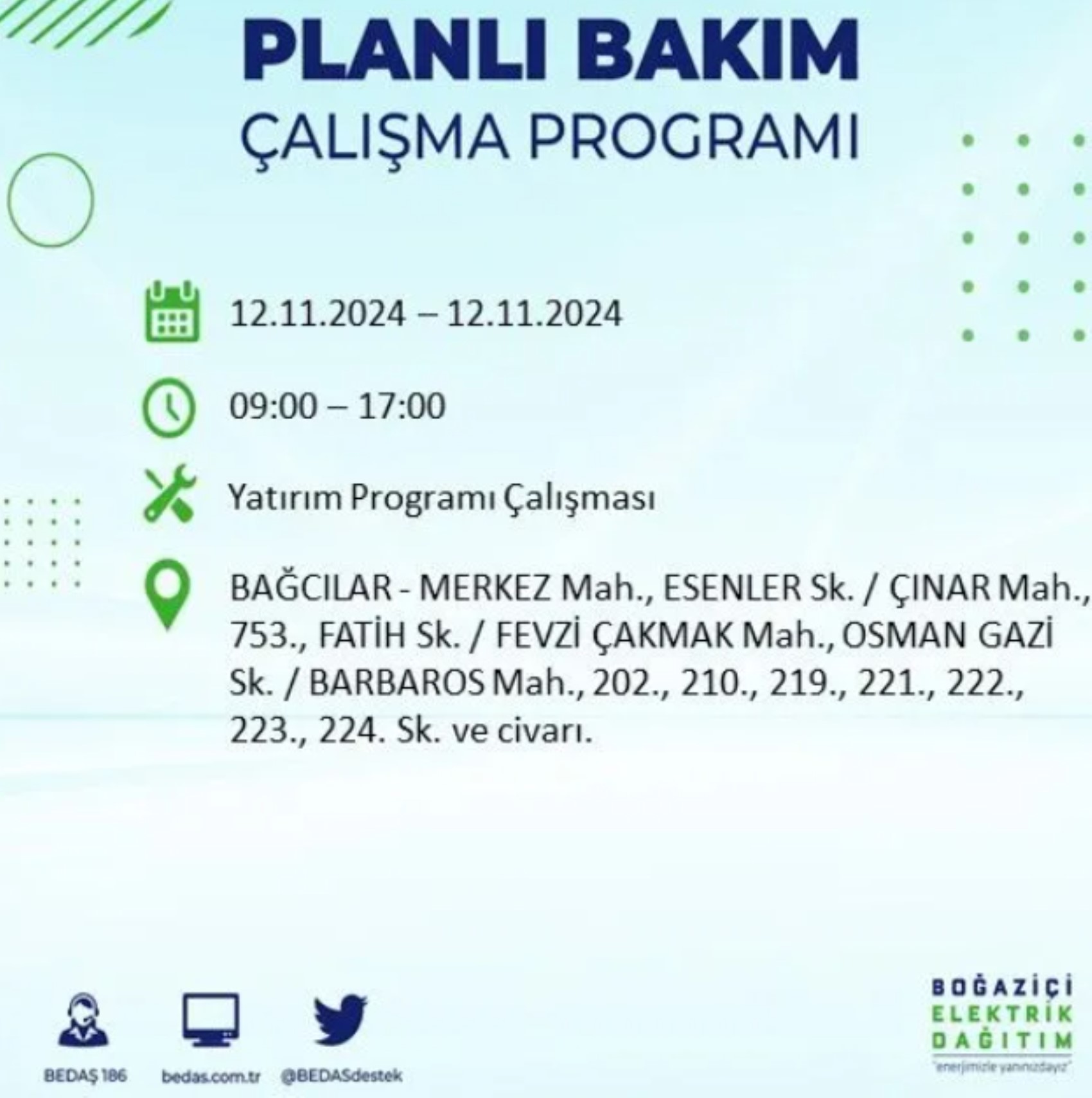 BEDAŞ paylaştı: İstanbul'da 12 Kasım Salı günü elektrik kesintisi yaşanacak ilçeler