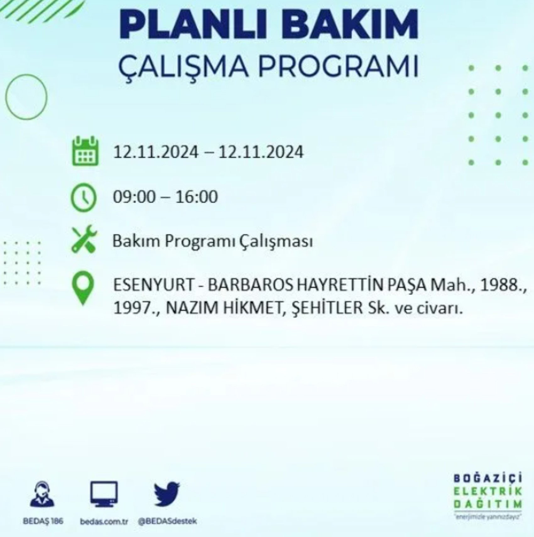 BEDAŞ paylaştı: İstanbul'da 12 Kasım Salı günü elektrik kesintisi yaşanacak ilçeler