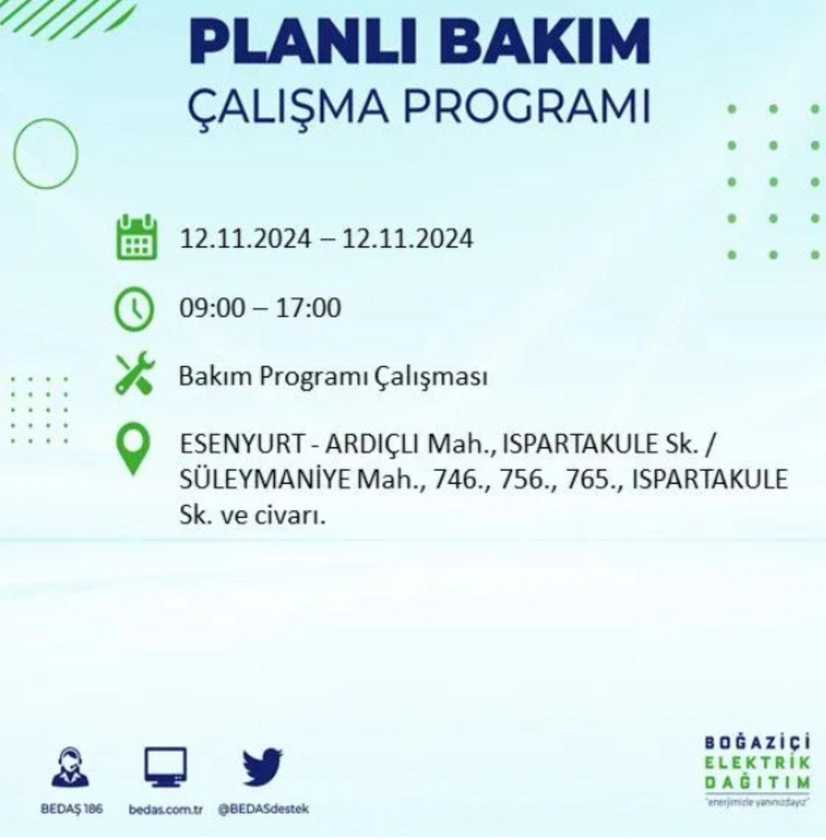 BEDAŞ paylaştı: İstanbul'da 12 Kasım Salı günü elektrik kesintisi yaşanacak ilçeler