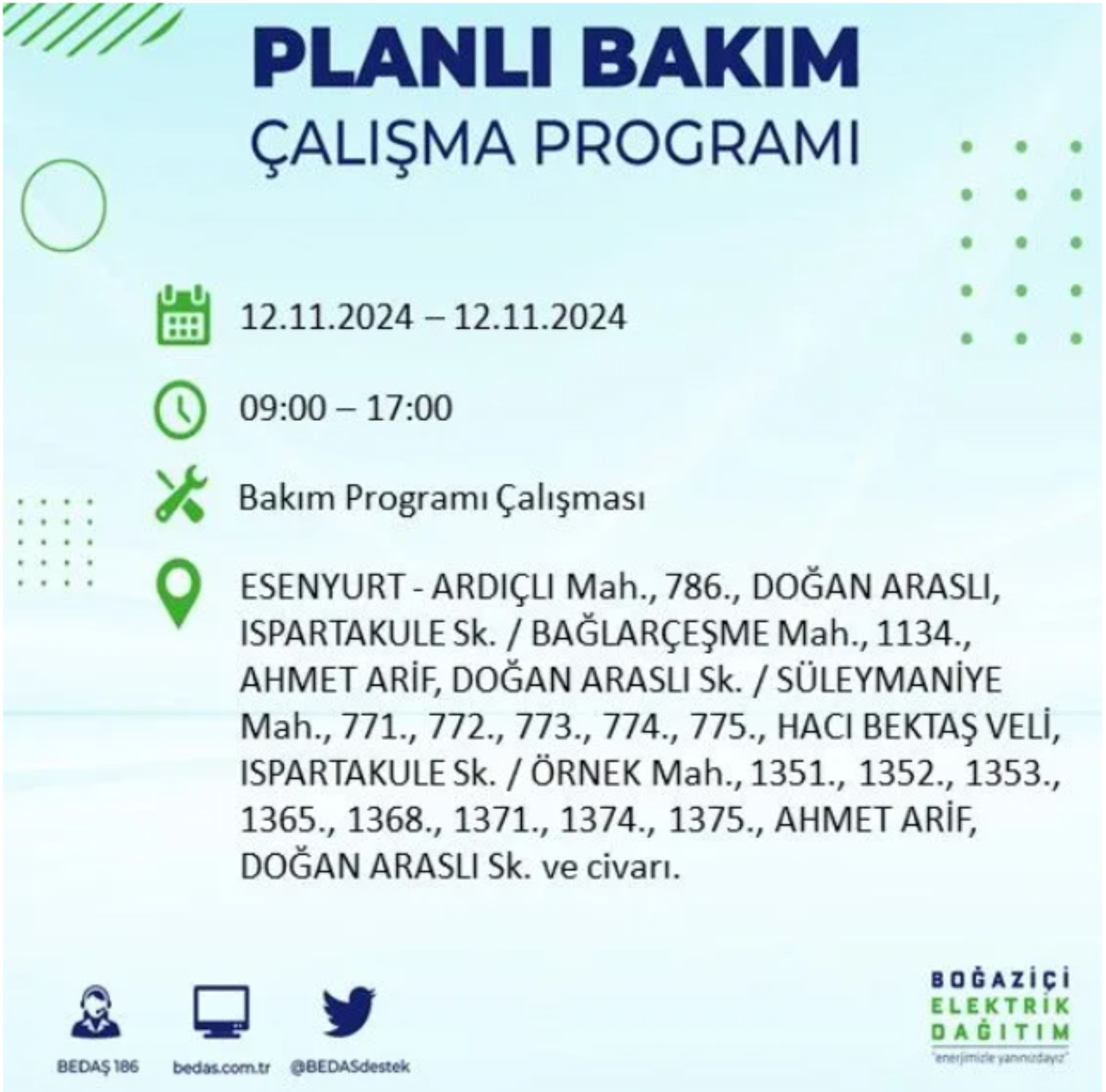 BEDAŞ paylaştı: İstanbul'da 12 Kasım Salı günü elektrik kesintisi yaşanacak ilçeler