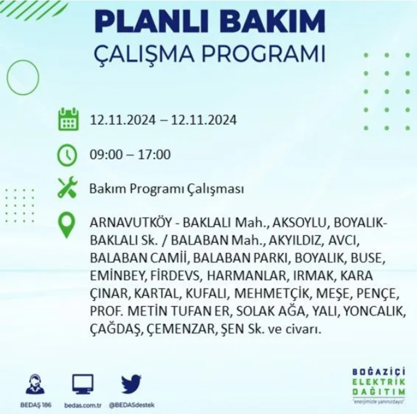 BEDAŞ paylaştı: İstanbul'da 12 Kasım Salı günü elektrik kesintisi yaşanacak ilçeler
