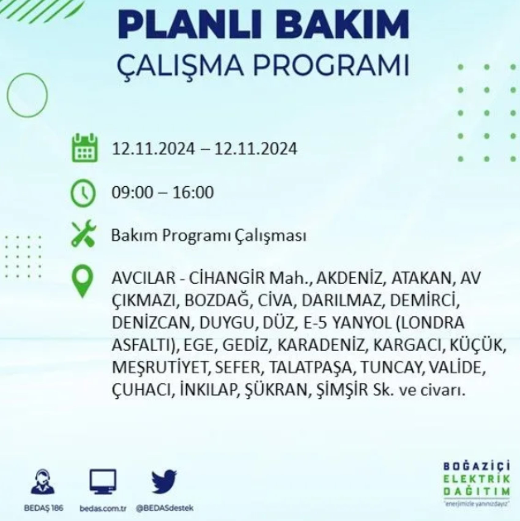 BEDAŞ paylaştı: İstanbul'da 12 Kasım Salı günü elektrik kesintisi yaşanacak ilçeler