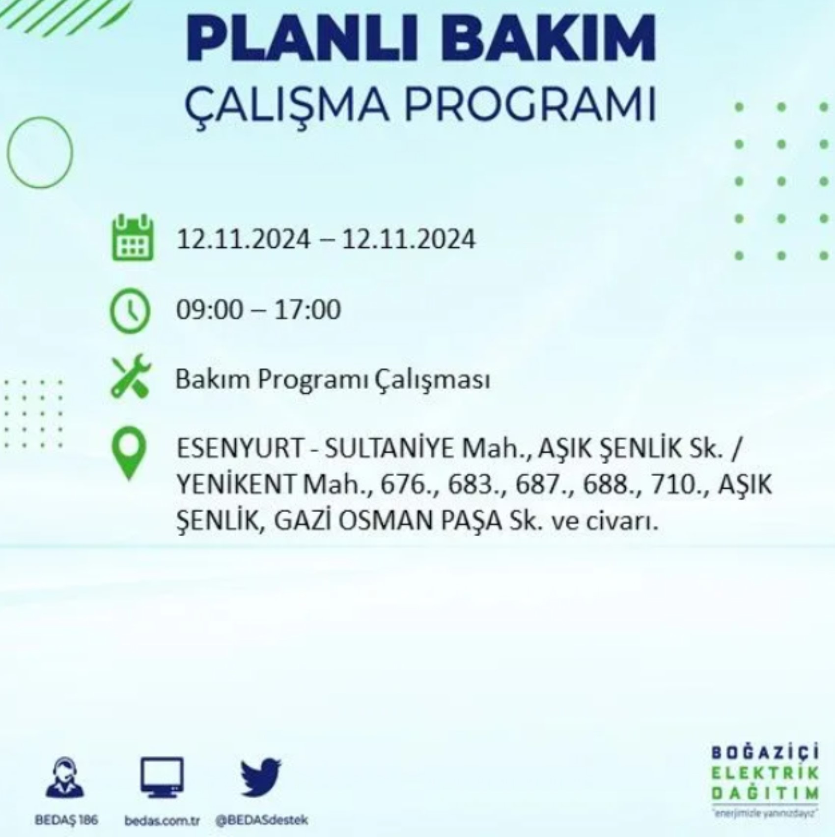 BEDAŞ paylaştı: İstanbul'da 12 Kasım Salı günü elektrik kesintisi yaşanacak ilçeler
