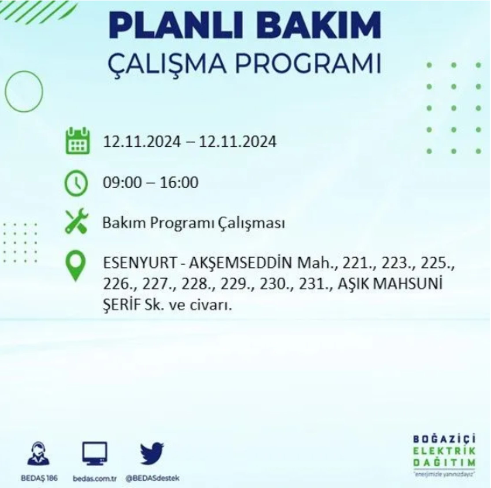BEDAŞ paylaştı: İstanbul'da 12 Kasım Salı günü elektrik kesintisi yaşanacak ilçeler