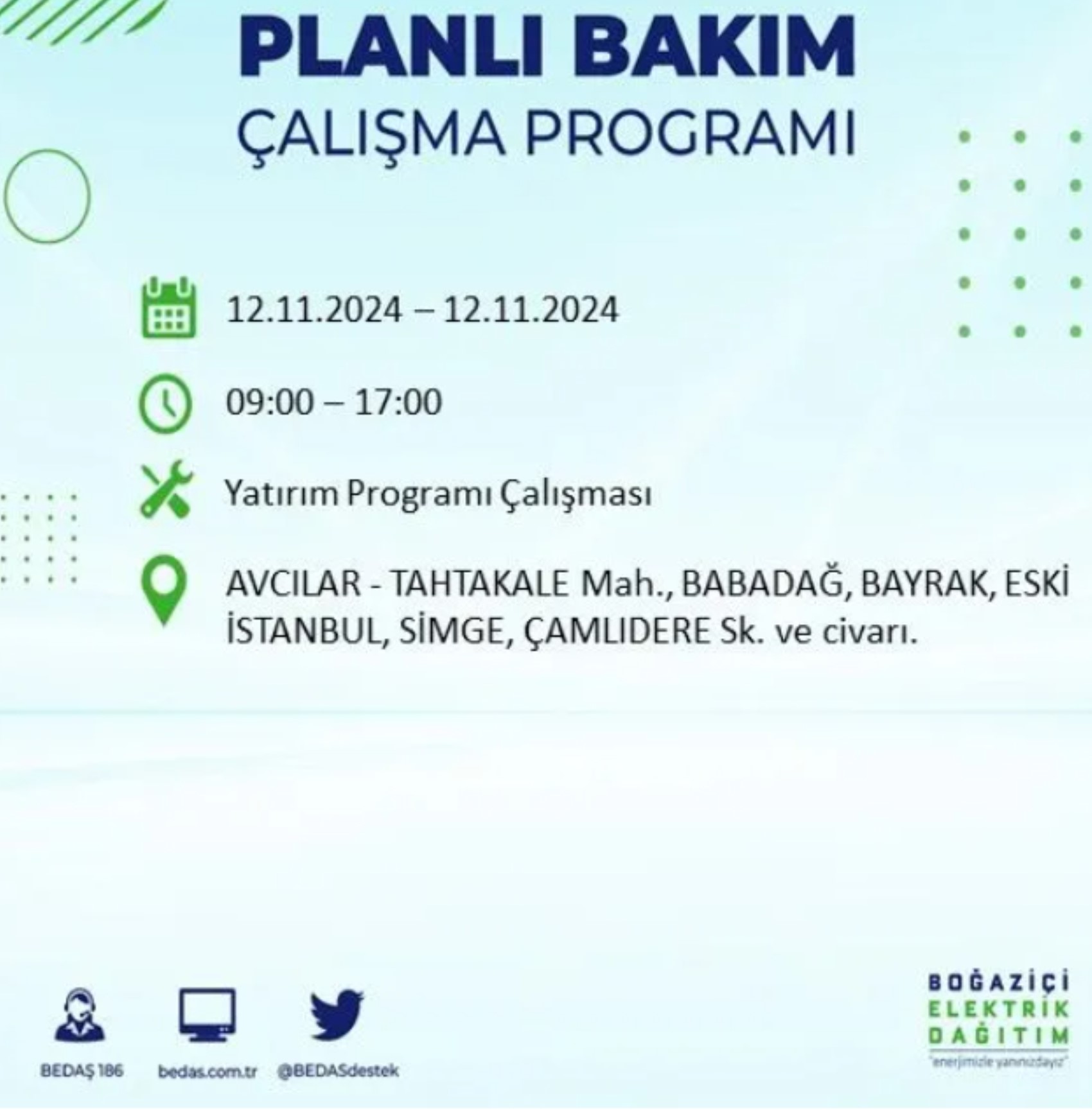 BEDAŞ paylaştı: İstanbul'da 12 Kasım Salı günü elektrik kesintisi yaşanacak ilçeler