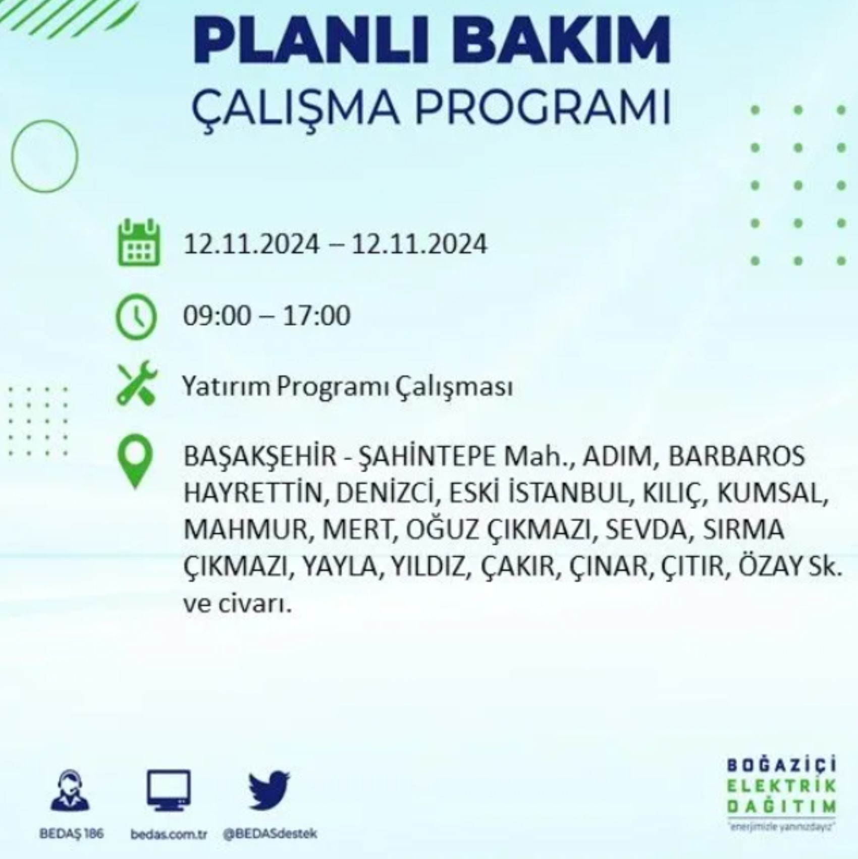 BEDAŞ paylaştı: İstanbul'da 12 Kasım Salı günü elektrik kesintisi yaşanacak ilçeler