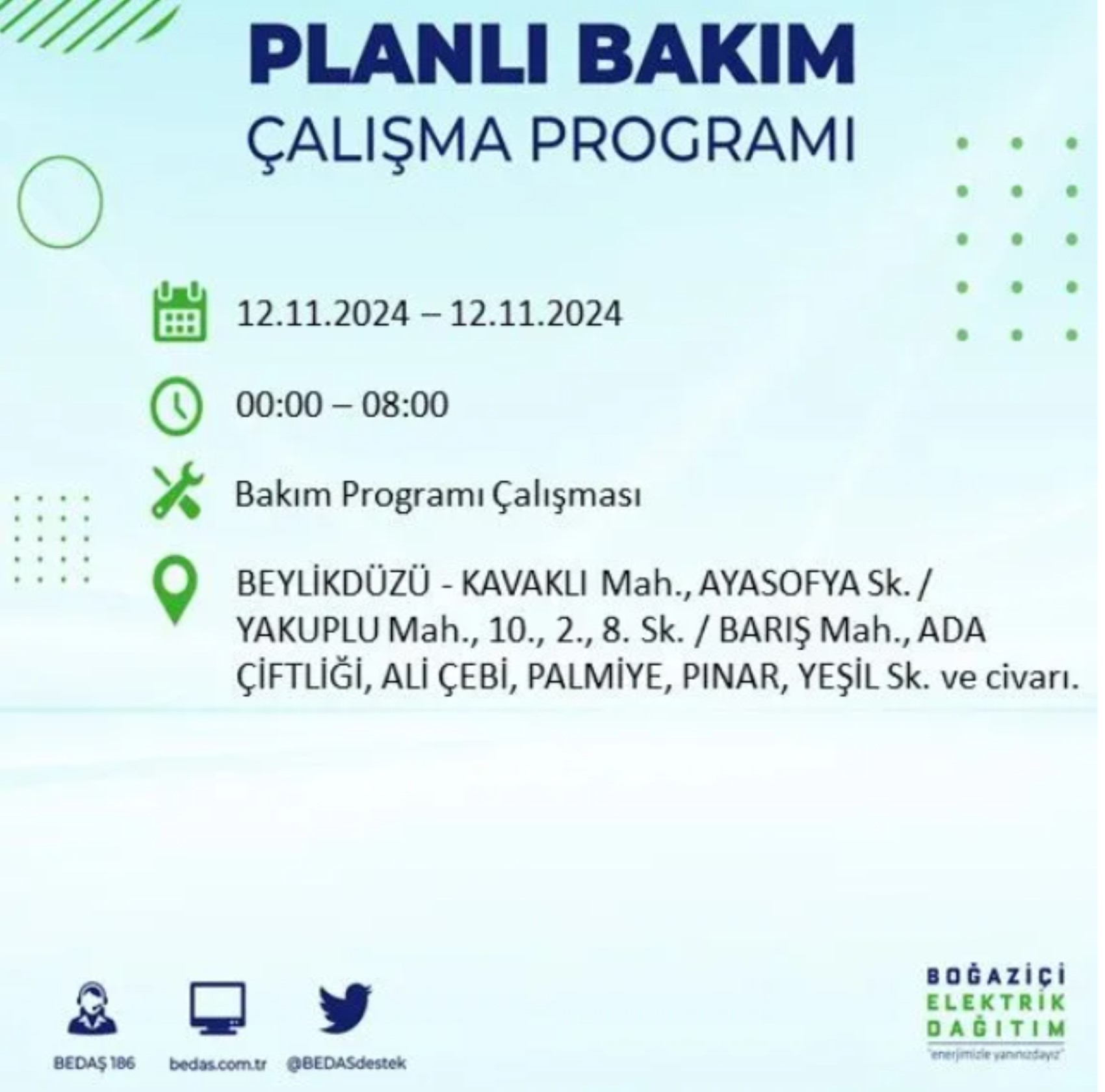 BEDAŞ paylaştı: İstanbul'da 12 Kasım Salı günü elektrik kesintisi yaşanacak ilçeler