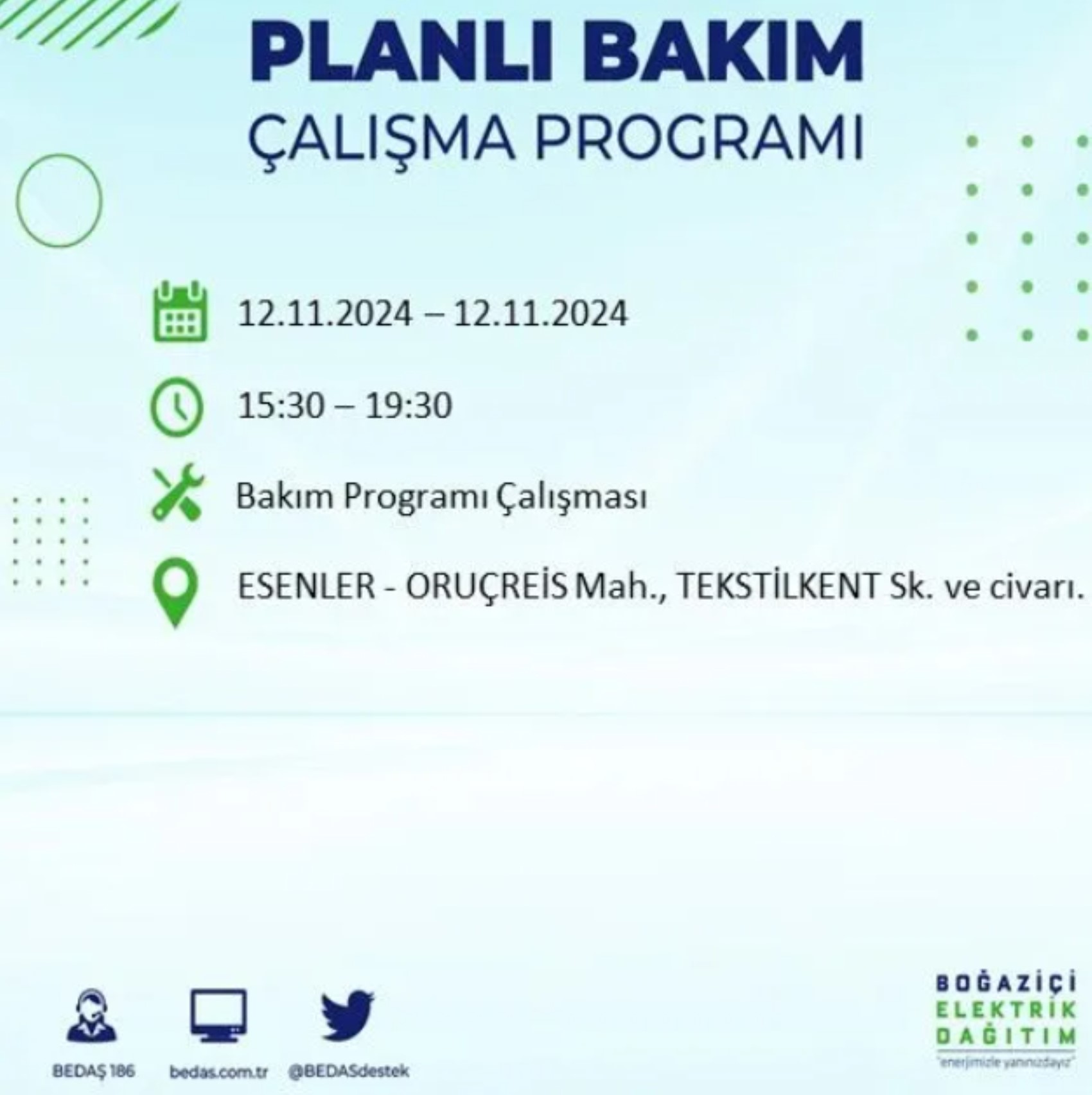 BEDAŞ paylaştı: İstanbul'da 12 Kasım Salı günü elektrik kesintisi yaşanacak ilçeler