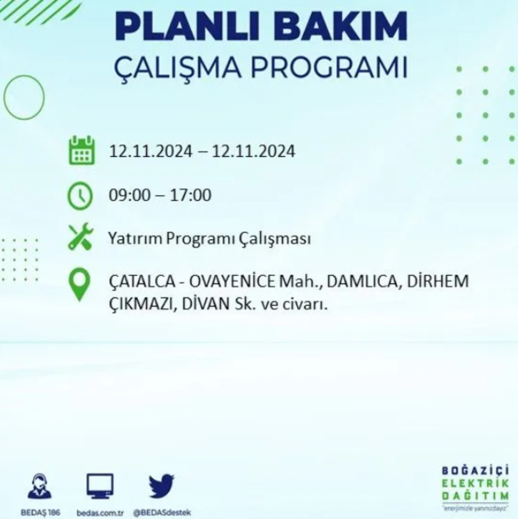 BEDAŞ paylaştı: İstanbul'da 12 Kasım Salı günü elektrik kesintisi yaşanacak ilçeler