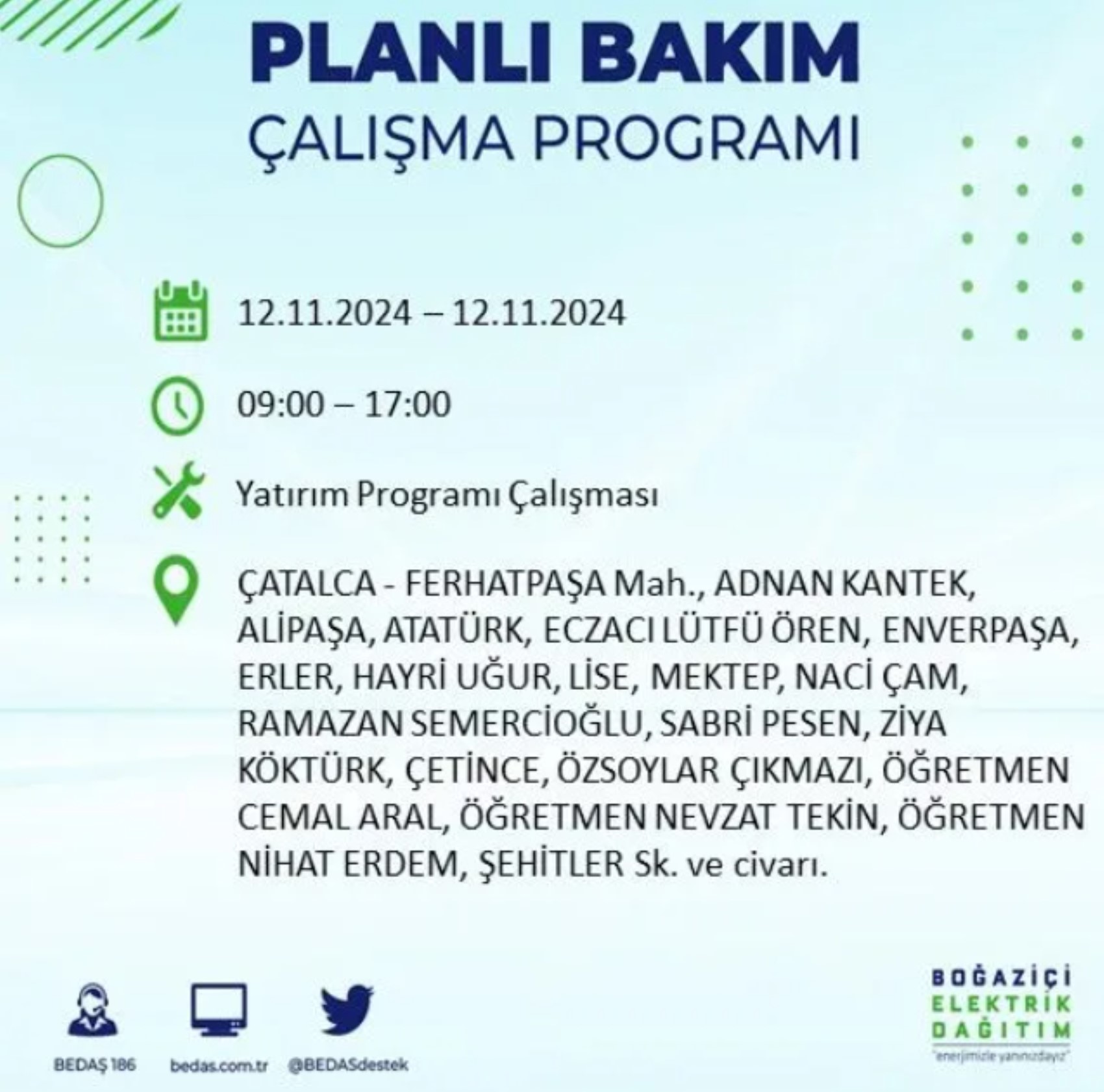 BEDAŞ paylaştı: İstanbul'da 12 Kasım Salı günü elektrik kesintisi yaşanacak ilçeler