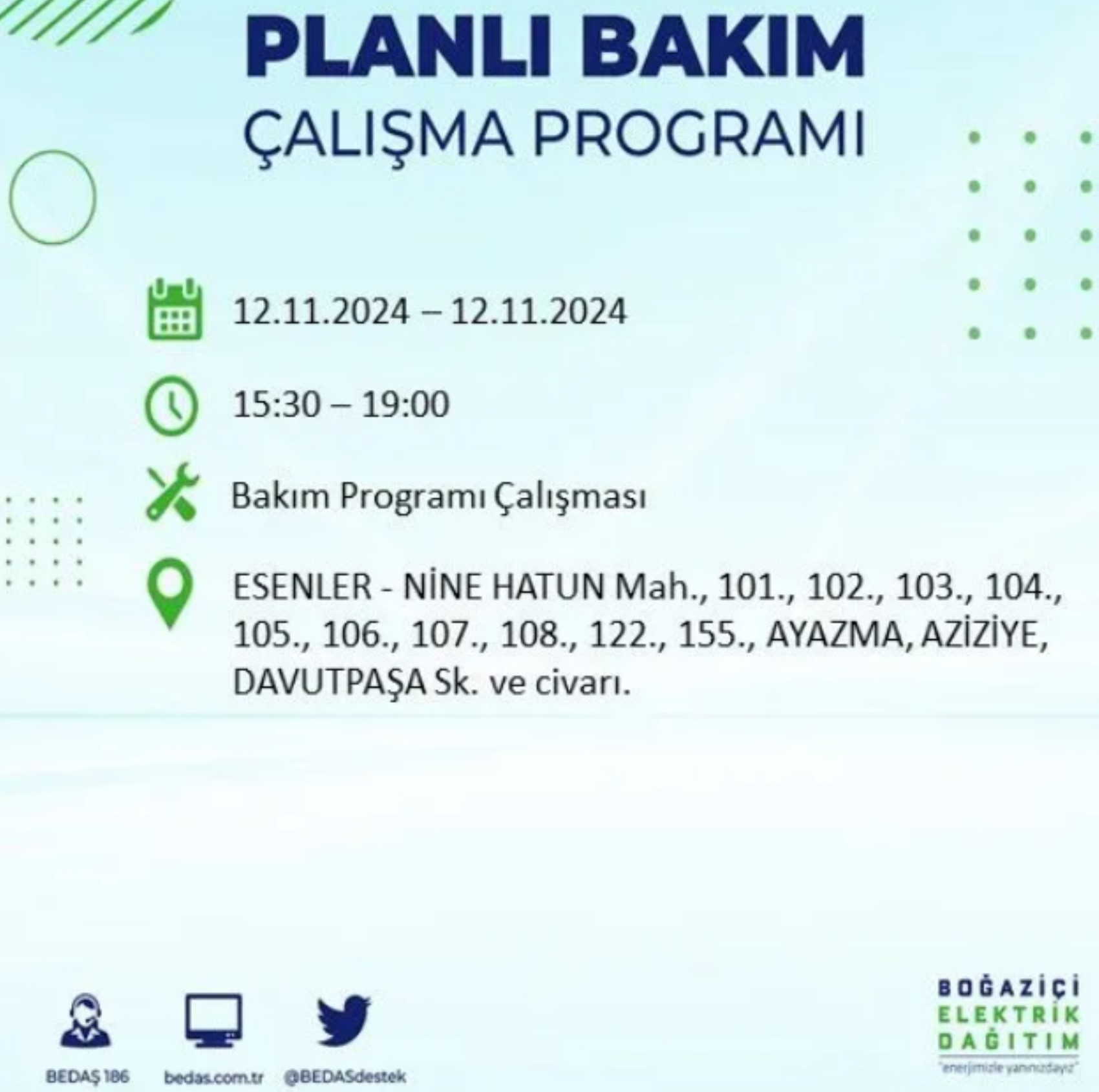 BEDAŞ paylaştı: İstanbul'da 12 Kasım Salı günü elektrik kesintisi yaşanacak ilçeler