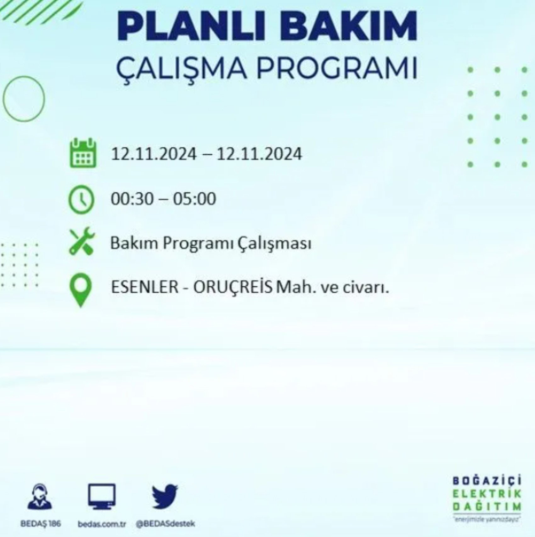 BEDAŞ paylaştı: İstanbul'da 12 Kasım Salı günü elektrik kesintisi yaşanacak ilçeler