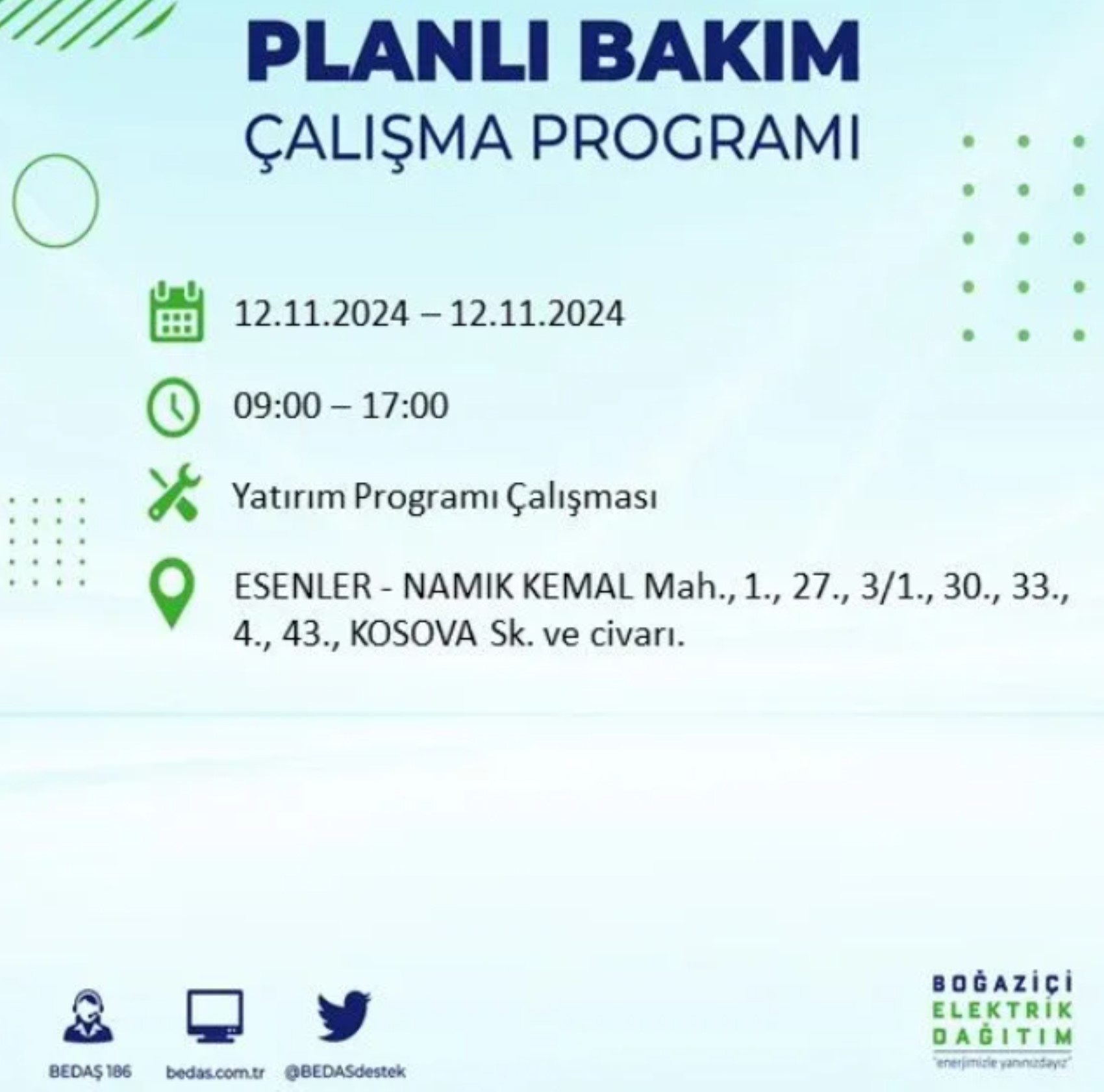 BEDAŞ paylaştı: İstanbul'da 12 Kasım Salı günü elektrik kesintisi yaşanacak ilçeler