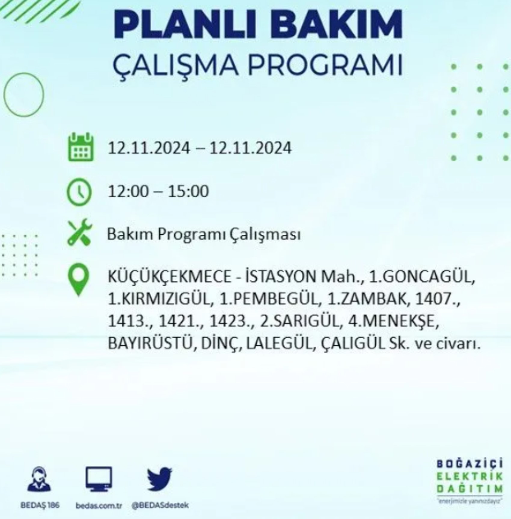 BEDAŞ paylaştı: İstanbul'da 12 Kasım Salı günü elektrik kesintisi yaşanacak ilçeler