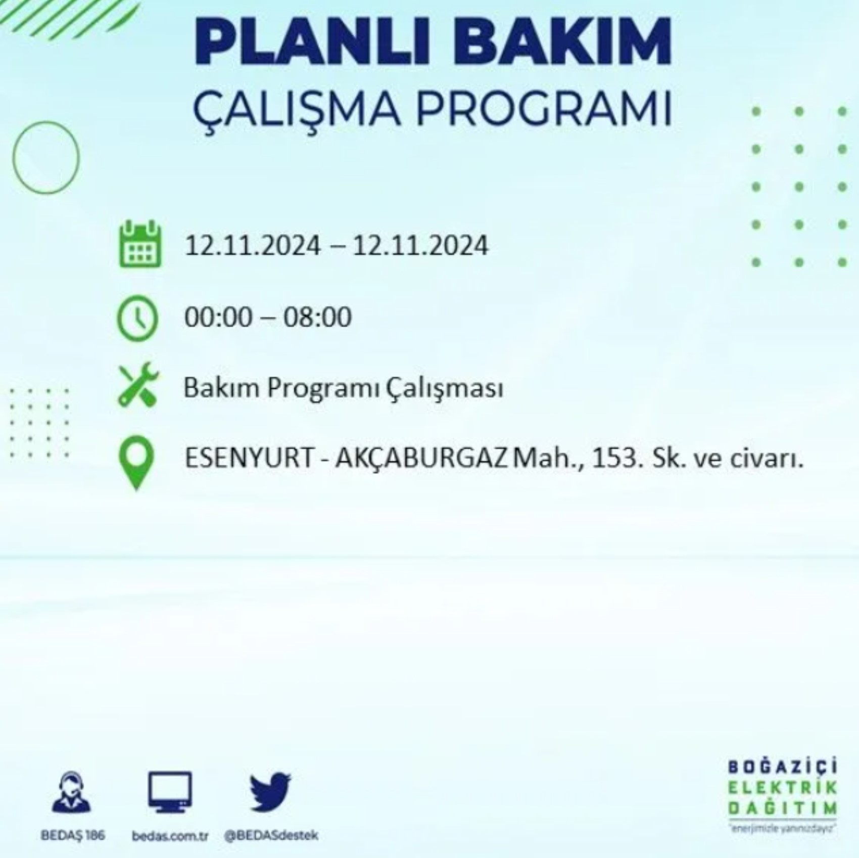 BEDAŞ paylaştı: İstanbul'da 12 Kasım Salı günü elektrik kesintisi yaşanacak ilçeler