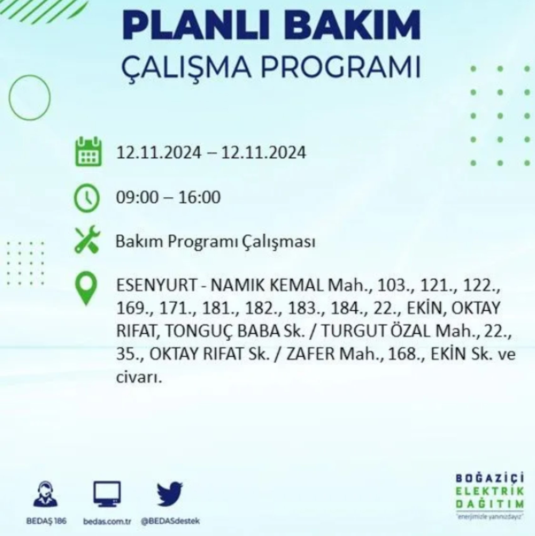 BEDAŞ paylaştı: İstanbul'da 12 Kasım Salı günü elektrik kesintisi yaşanacak ilçeler