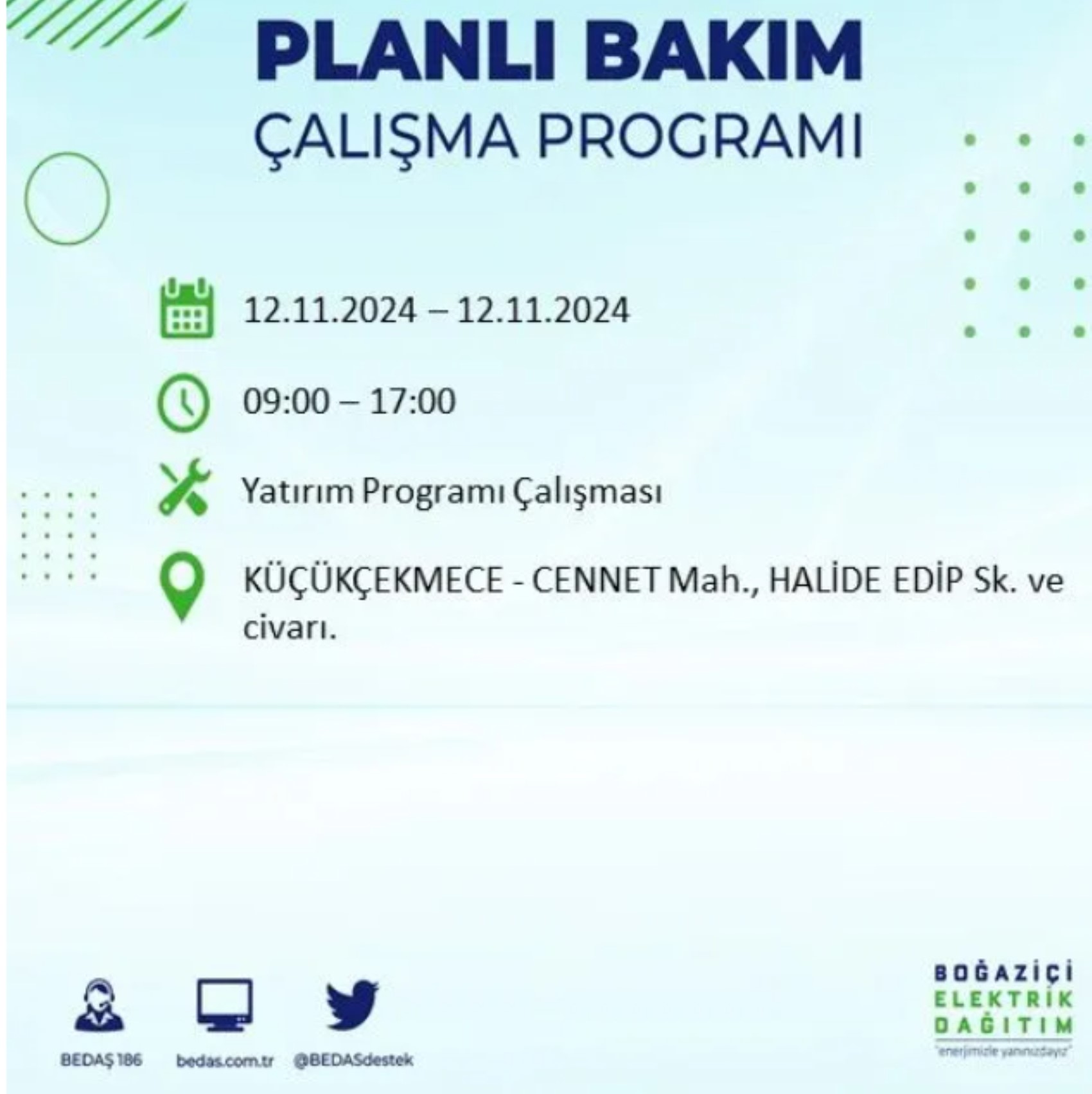 BEDAŞ paylaştı: İstanbul'da 12 Kasım Salı günü elektrik kesintisi yaşanacak ilçeler