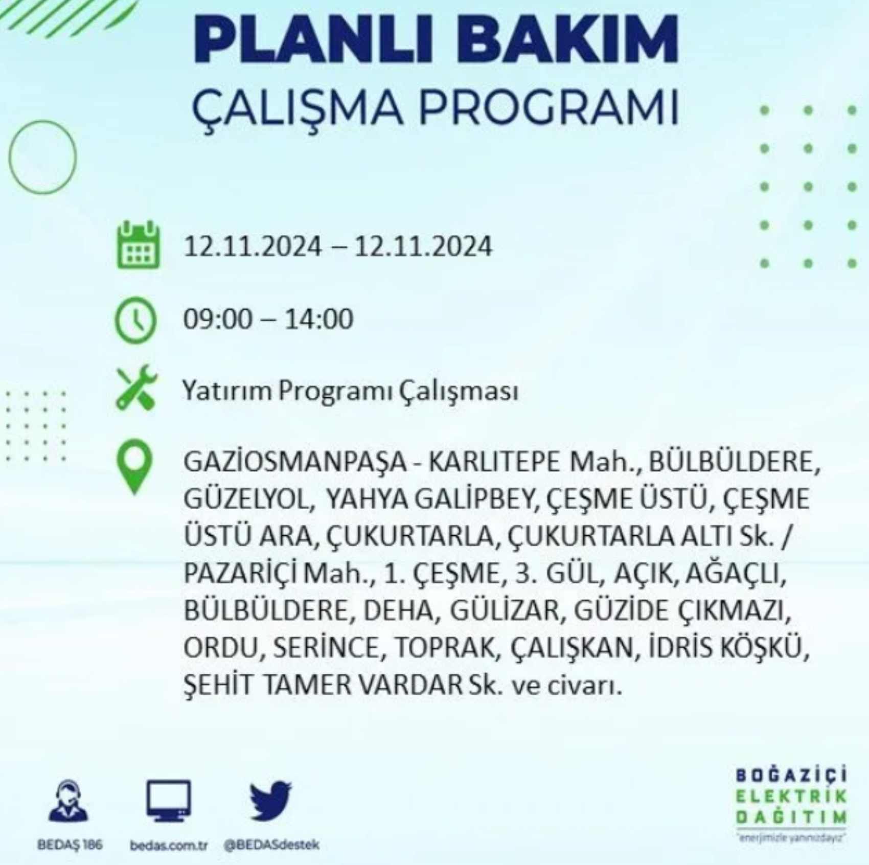 BEDAŞ paylaştı: İstanbul'da 12 Kasım Salı günü elektrik kesintisi yaşanacak ilçeler
