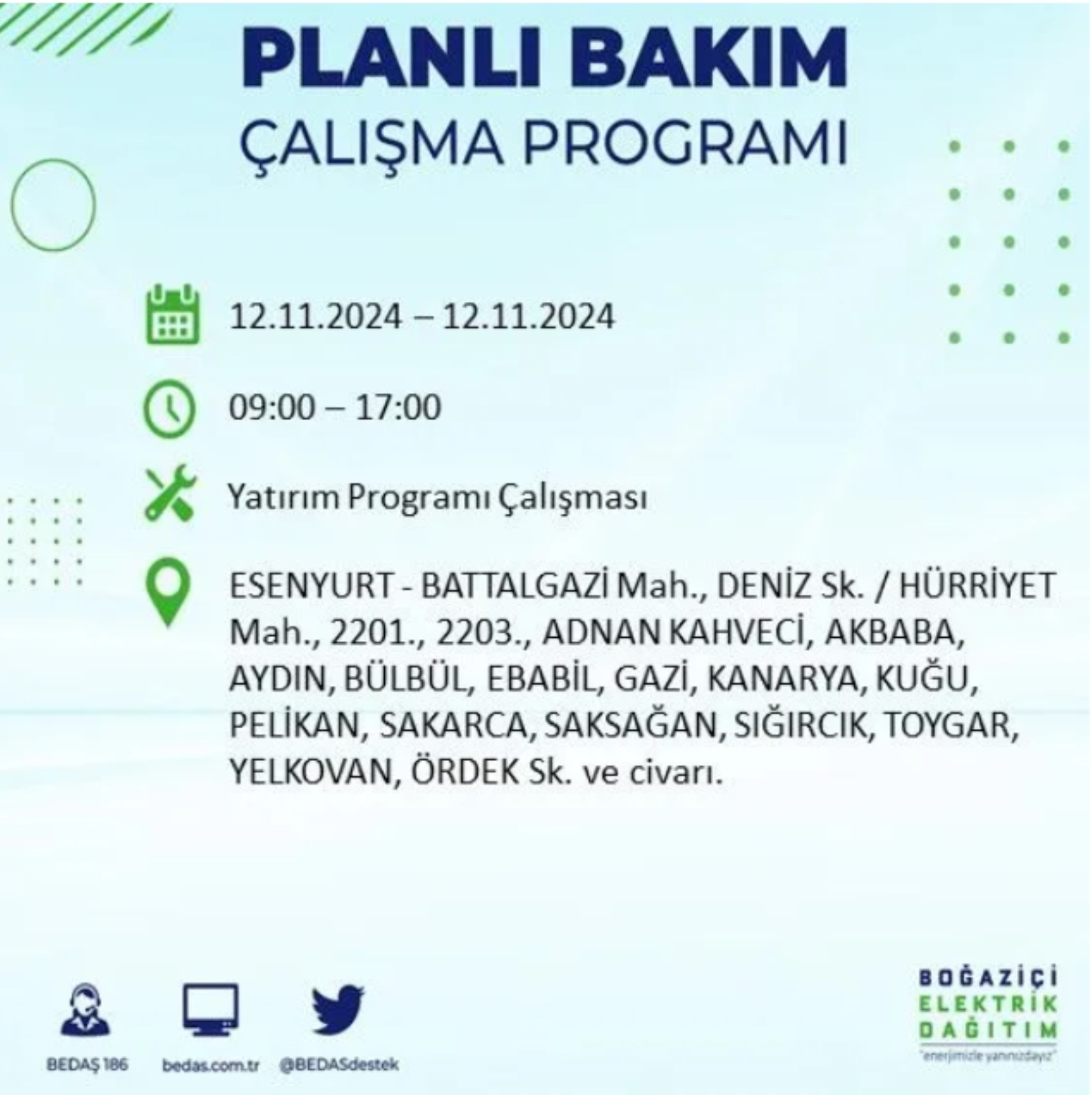 BEDAŞ paylaştı: İstanbul'da 12 Kasım Salı günü elektrik kesintisi yaşanacak ilçeler