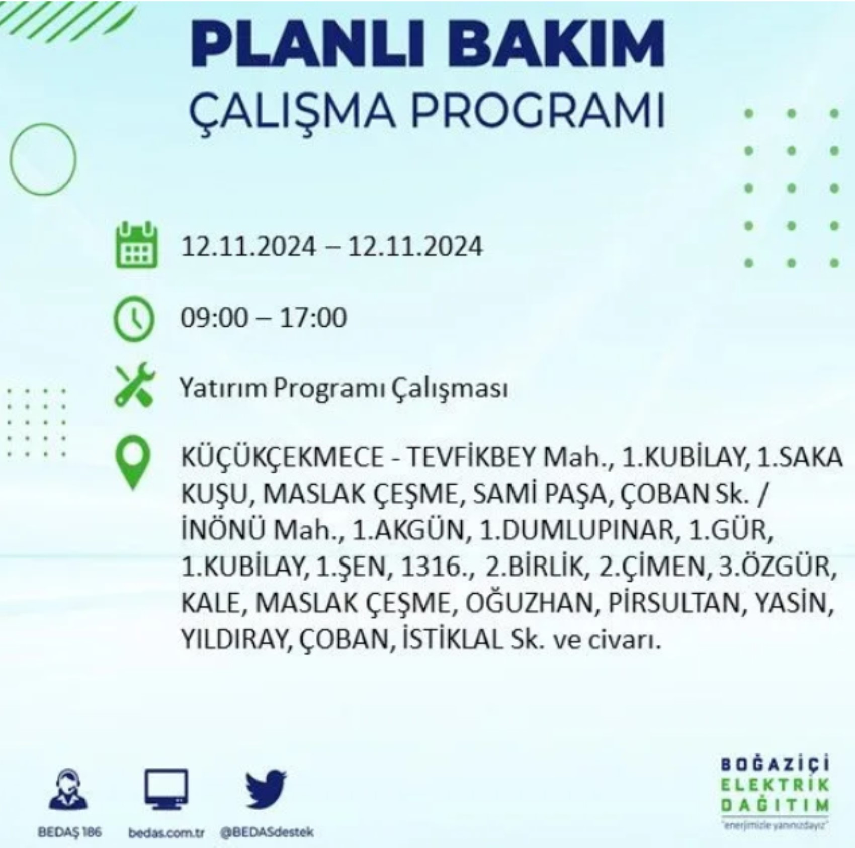 BEDAŞ paylaştı: İstanbul'da 12 Kasım Salı günü elektrik kesintisi yaşanacak ilçeler