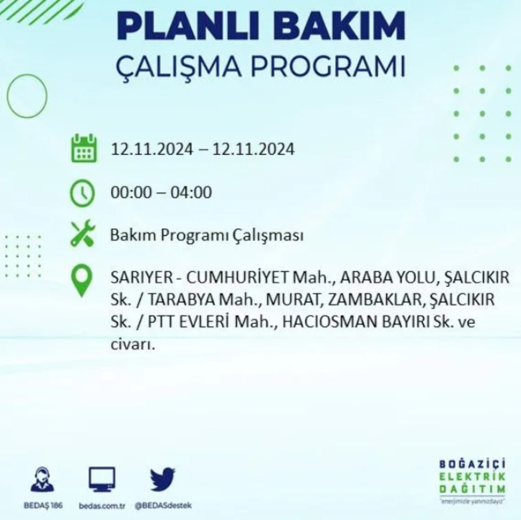 BEDAŞ paylaştı: İstanbul'da 12 Kasım Salı günü elektrik kesintisi yaşanacak ilçeler