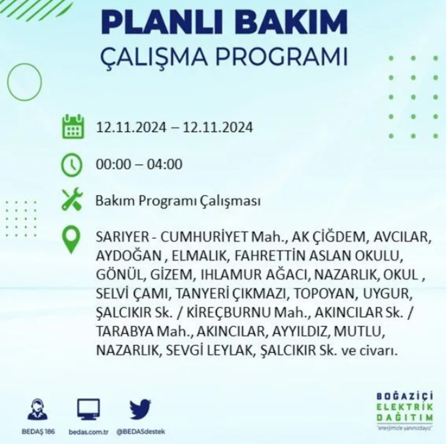 BEDAŞ paylaştı: İstanbul'da 12 Kasım Salı günü elektrik kesintisi yaşanacak ilçeler