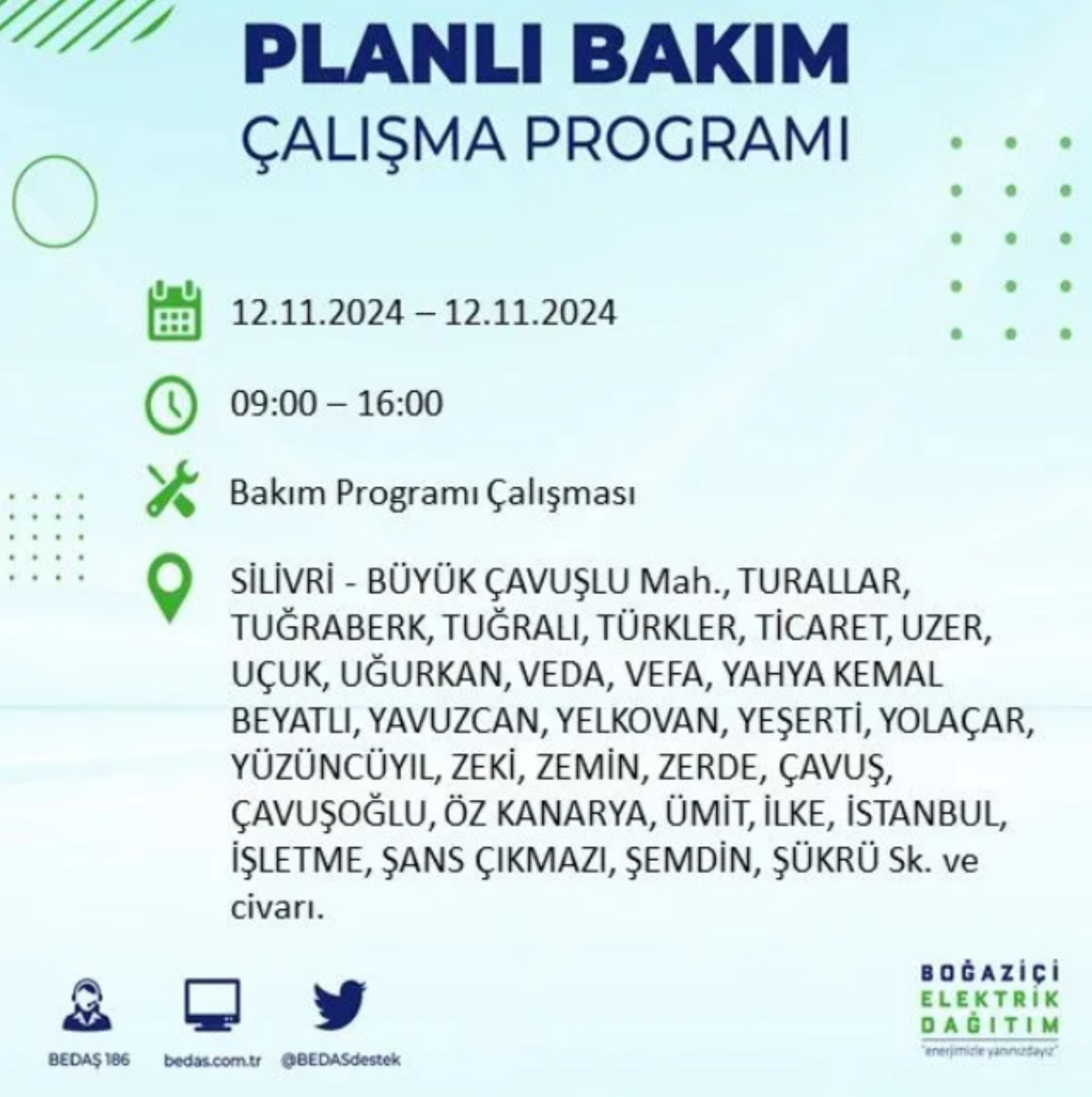 BEDAŞ paylaştı: İstanbul'da 12 Kasım Salı günü elektrik kesintisi yaşanacak ilçeler