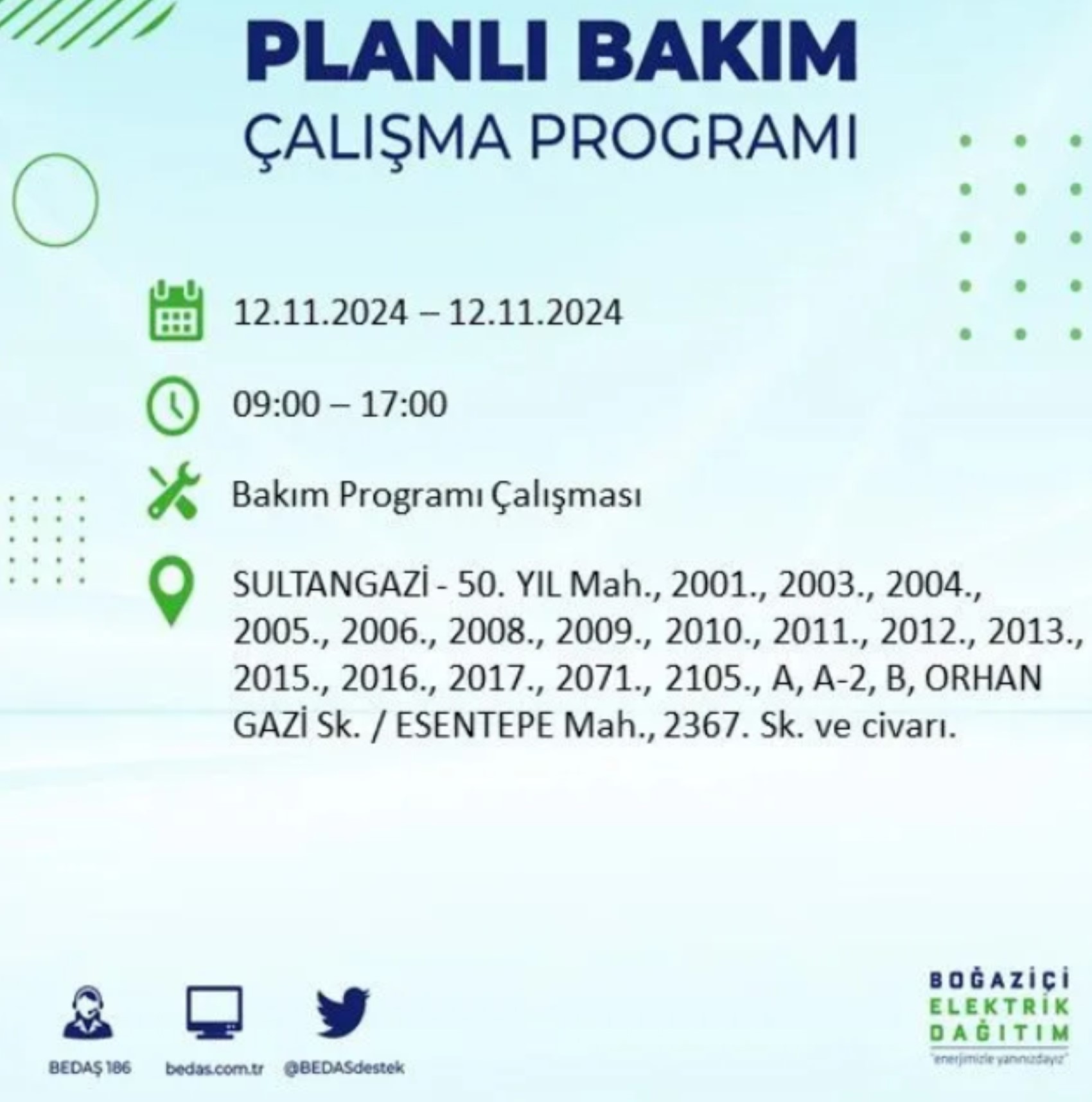BEDAŞ paylaştı: İstanbul'da 12 Kasım Salı günü elektrik kesintisi yaşanacak ilçeler