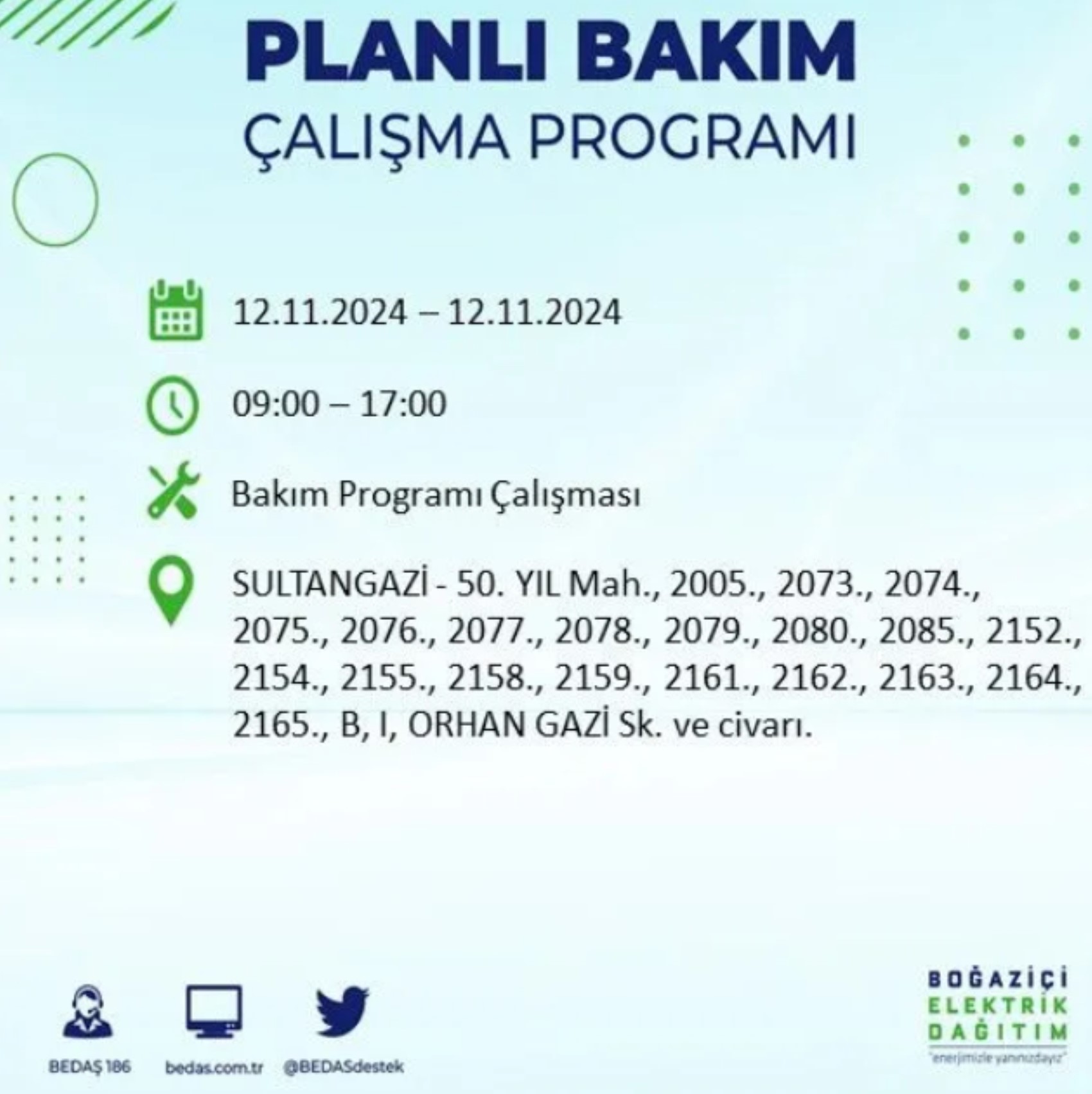 BEDAŞ paylaştı: İstanbul'da 12 Kasım Salı günü elektrik kesintisi yaşanacak ilçeler