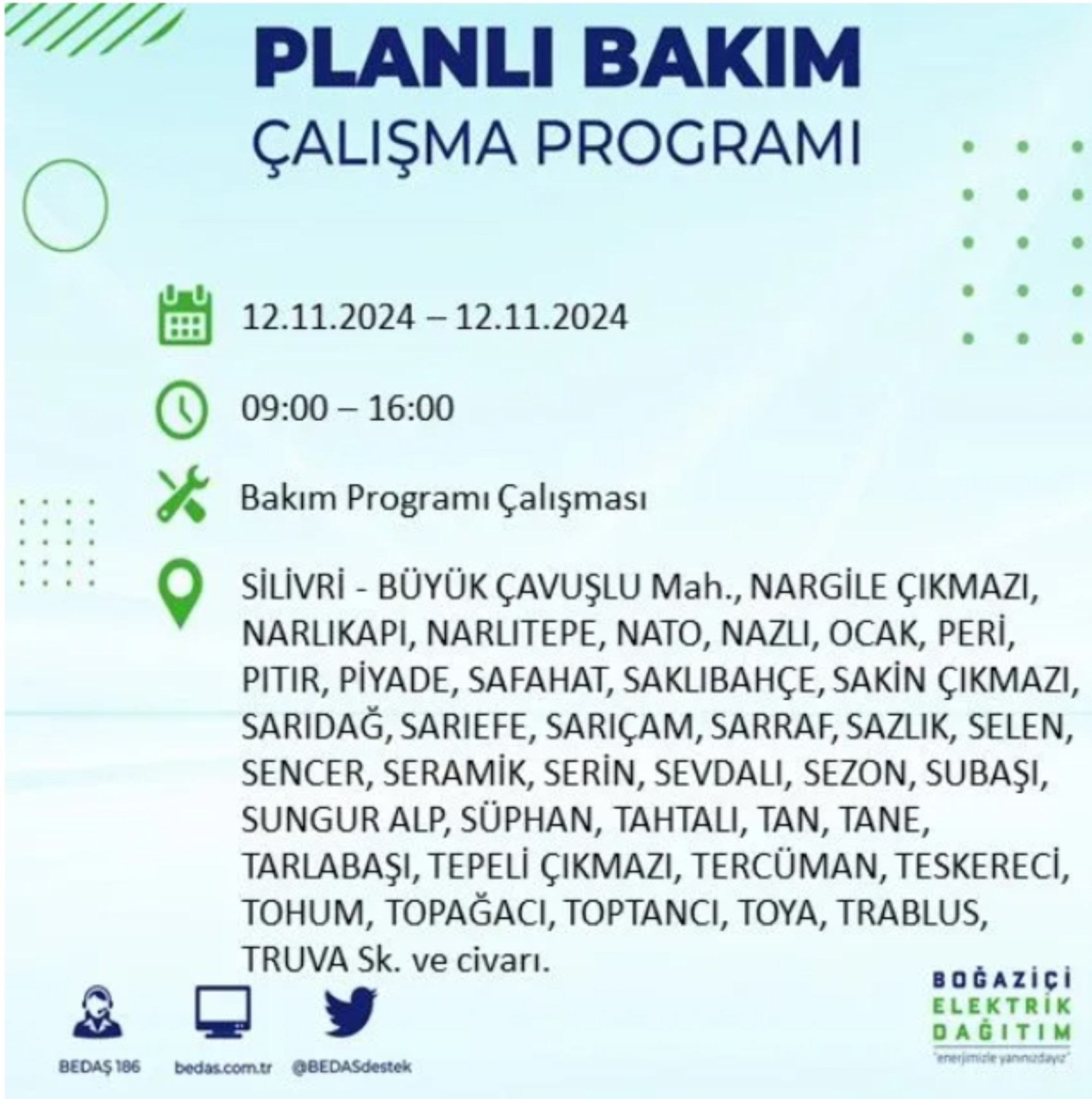BEDAŞ paylaştı: İstanbul'da 12 Kasım Salı günü elektrik kesintisi yaşanacak ilçeler