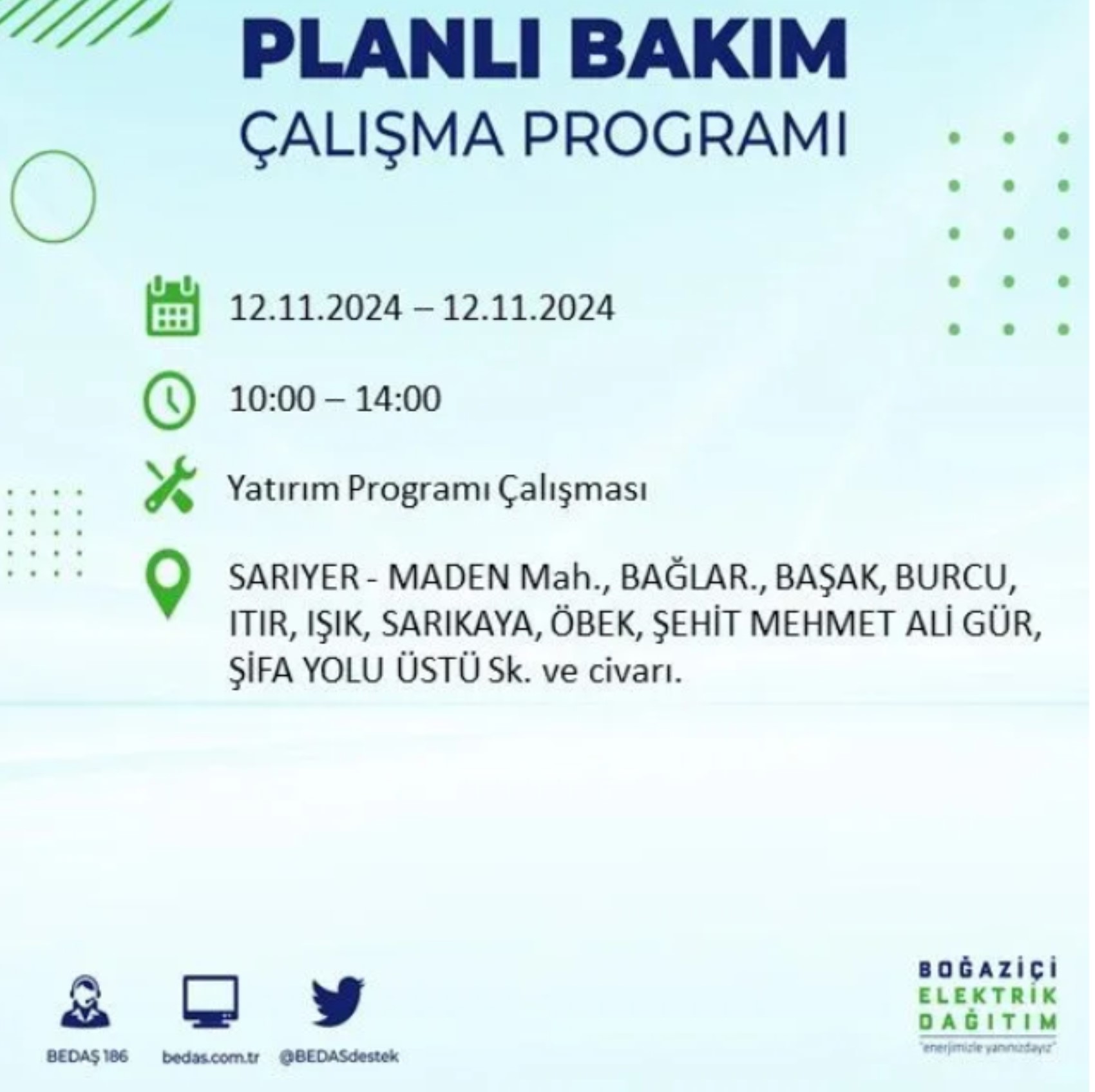 BEDAŞ paylaştı: İstanbul'da 12 Kasım Salı günü elektrik kesintisi yaşanacak ilçeler