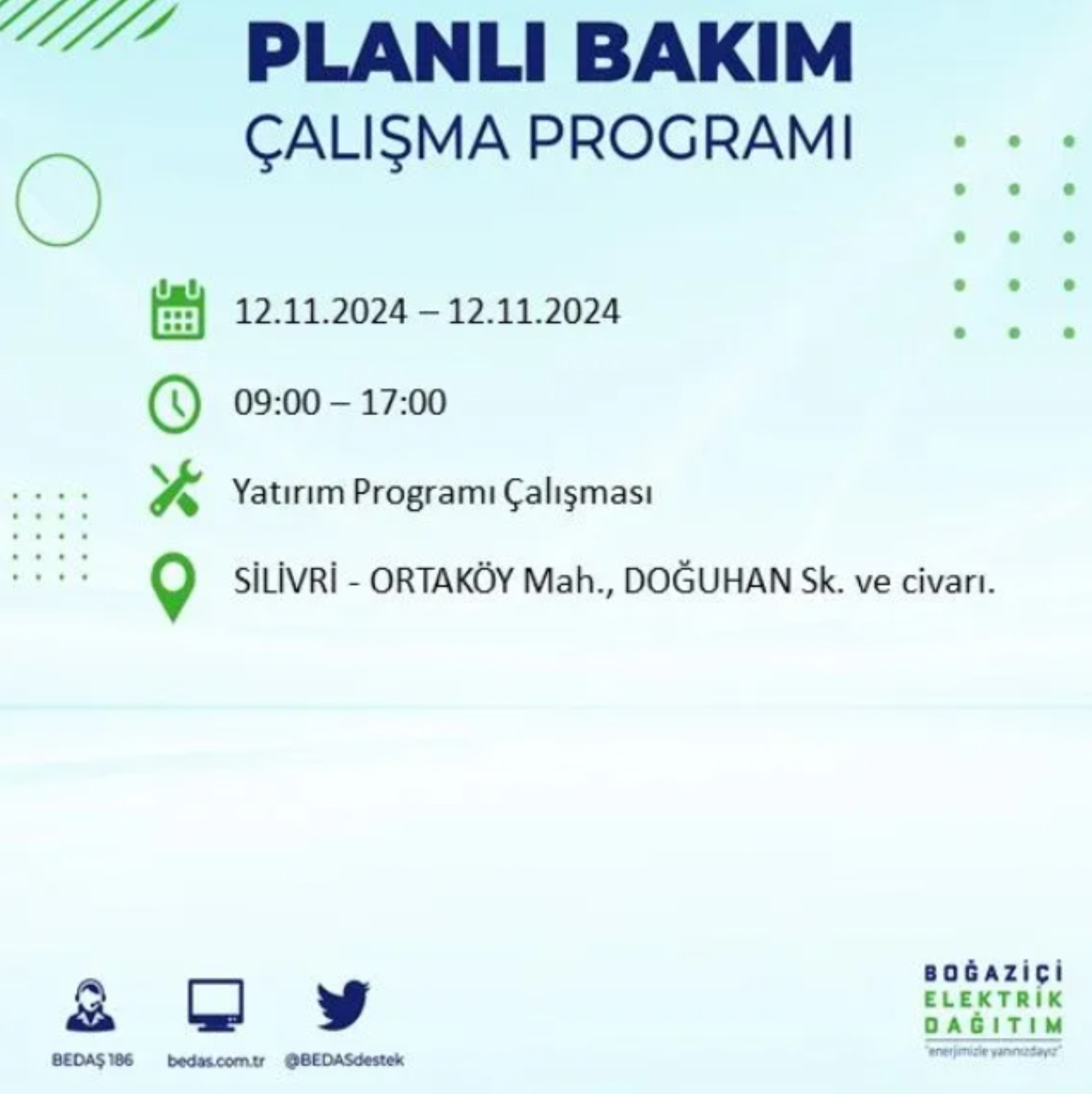 BEDAŞ paylaştı: İstanbul'da 12 Kasım Salı günü elektrik kesintisi yaşanacak ilçeler